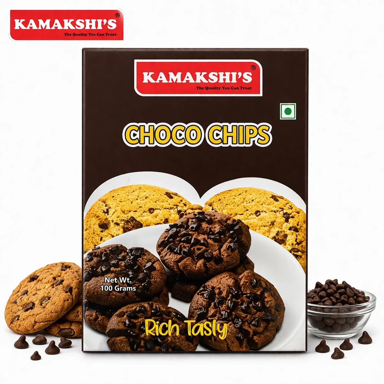 Kamakshis Choco Chips Cookies 100G | Rich & Crunchy Chocolate Chip Biscuits | Tea Time Snack for Kids & Family | Vegetarian Friendly Treat