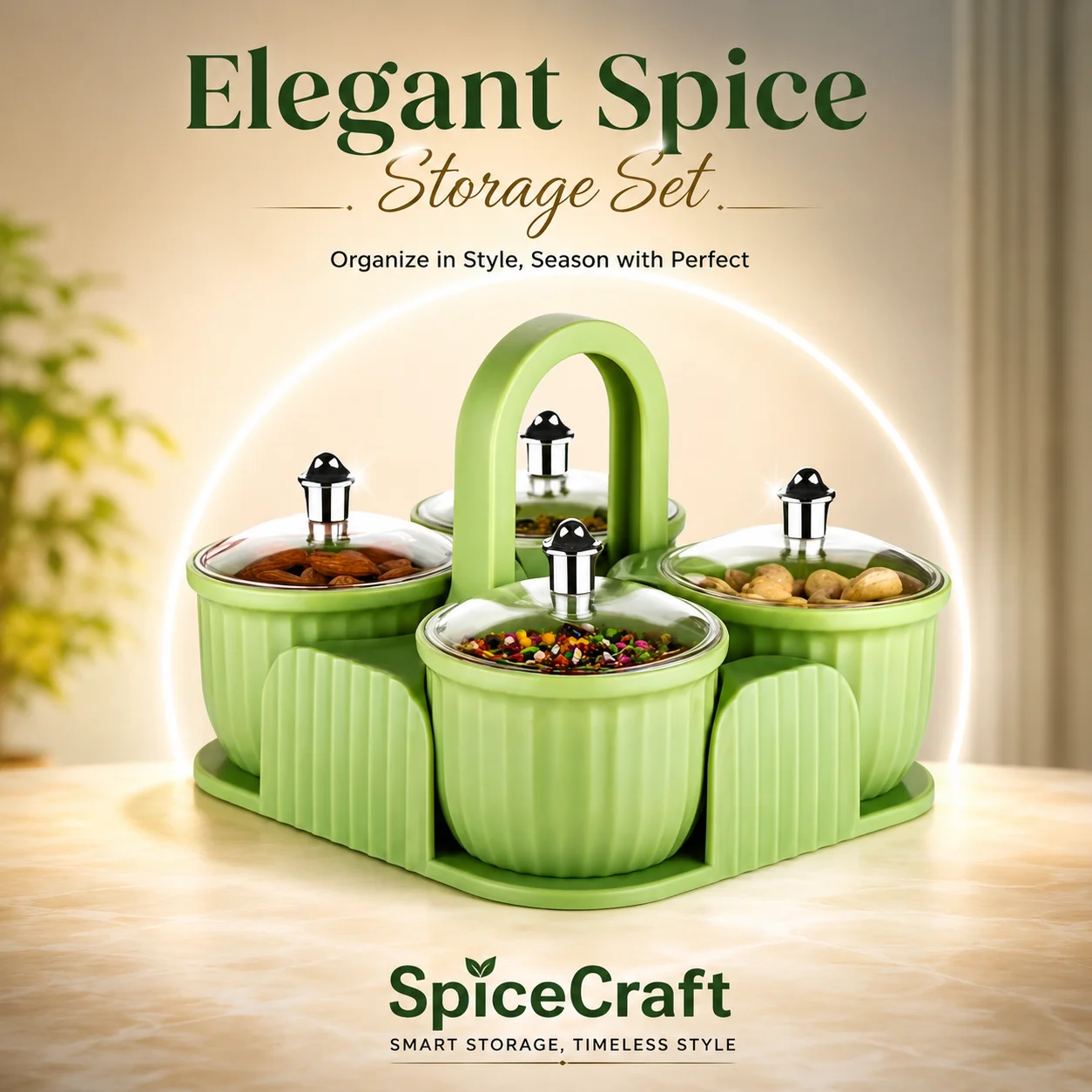 4 pcs SpiceCraft Multi-Compartment Spice Box with Airtight Lids & Carry Handle | Food-Grade Masala Dabba Organizer for Spices, Dry Fruits, Nuts & Condiments | Kitchen Storage Container Set. (Colors & Design May Vary)