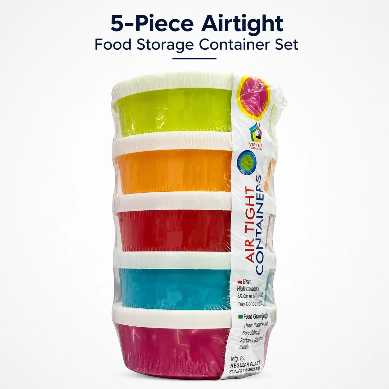 5-Piece Airtight Food Storage Container Set | Leakproof Stackable Kitchen Boxes – BPA-Free Plastic Containers for Meal Prep, Snacks & Grocery Storage
