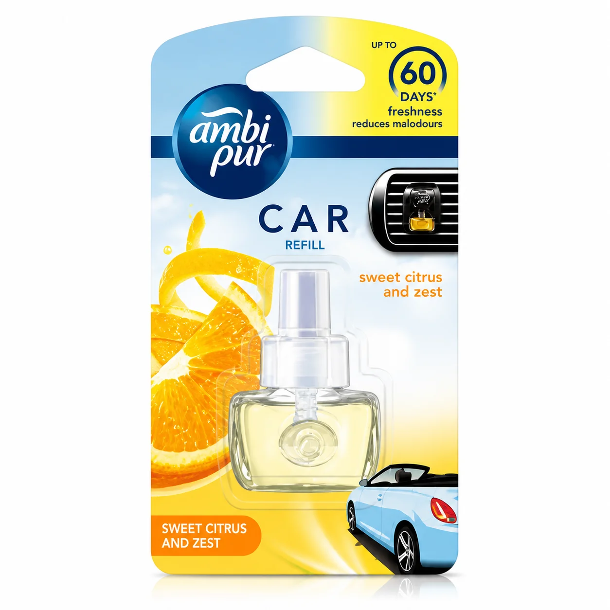 Ambi Pur Car Freshener Sweet Citrus & Zest Refill | Long Lasting Car Air Freshener Up to 60 Days | Odor Eliminator with Fresh Citrus Fragrance