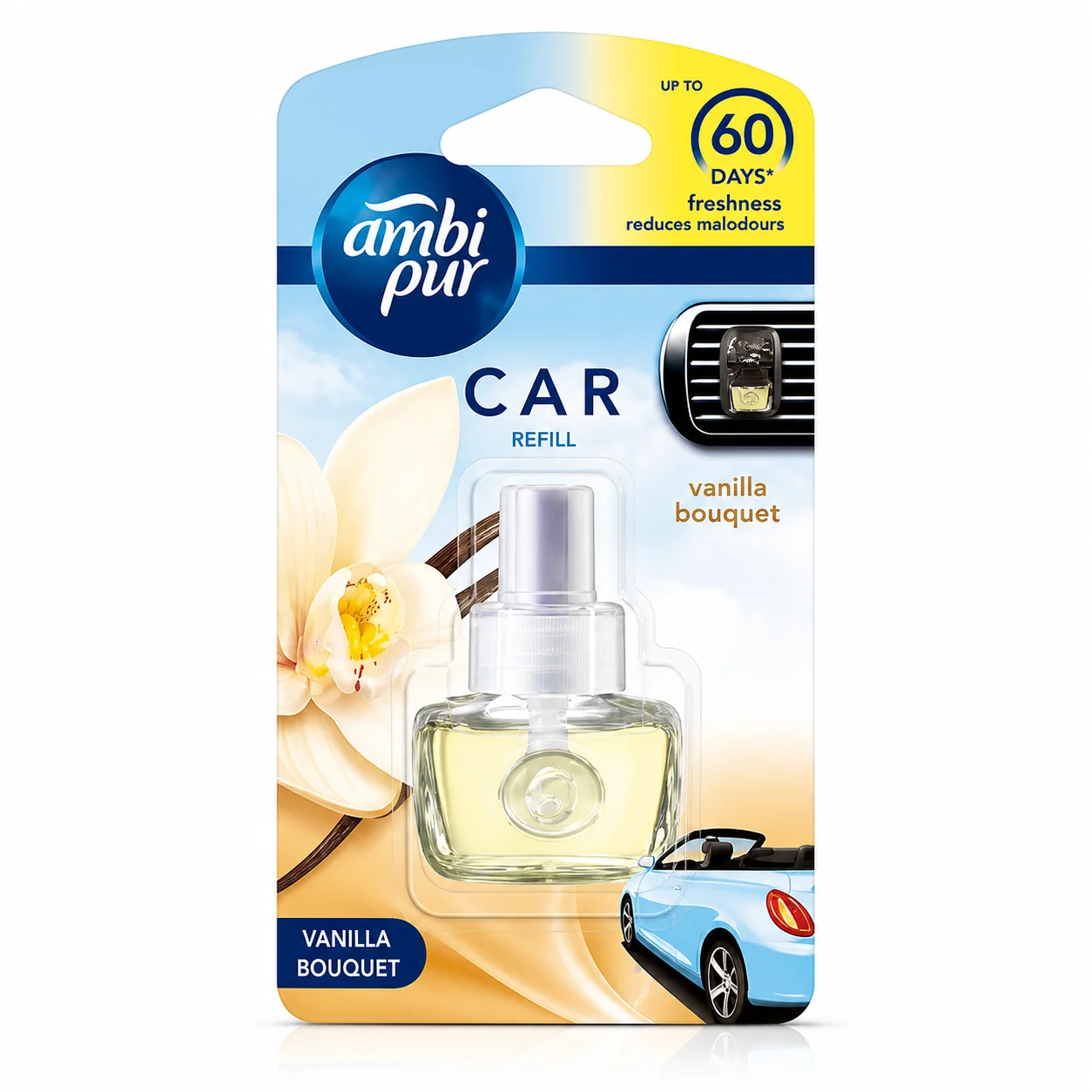 Ambi Pur Car Freshener Vanilla Bouquet Refill | Long Lasting Car Perfume Up to 60 Days | Odor Eliminator for Fresh & Pleasant Driving Experience