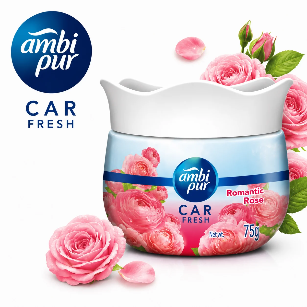 Ambipur Car Fresh Romantic Rose Gel 75G | Long Lasting Car Air Freshener & Odor Eliminator for Dashboard Use