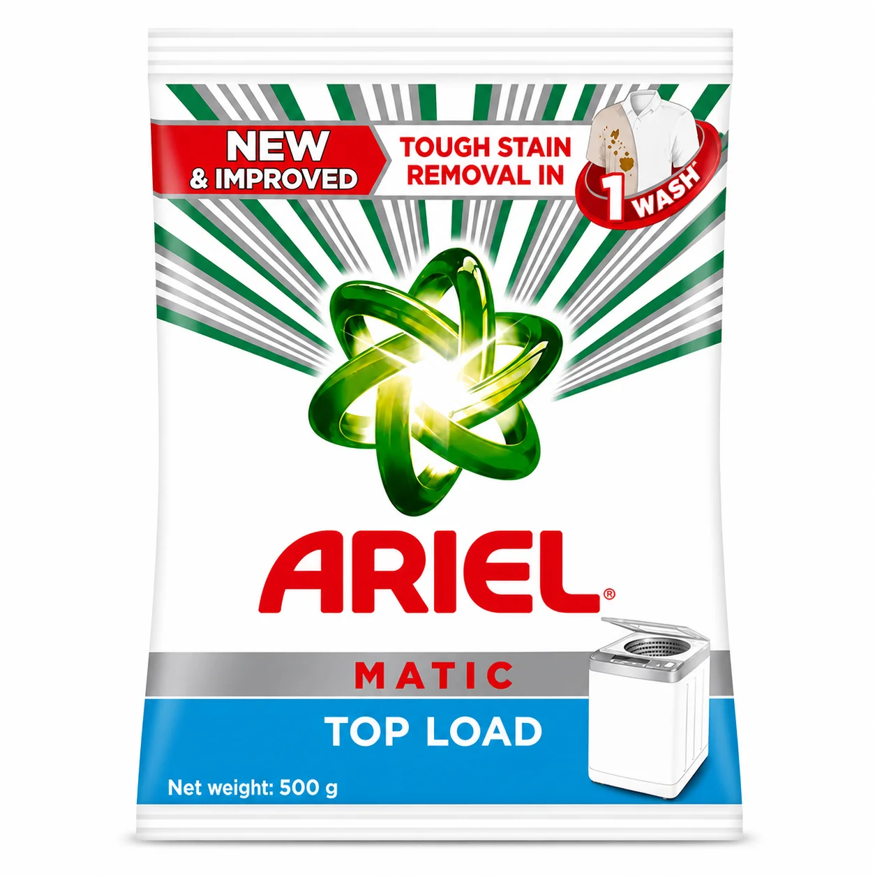Ariel Matic Top Load Detergent Powder 500g | Tough Stain Removal in 1 Wash – Bright Clothes & Long Lasting Freshness for Top Load Machines