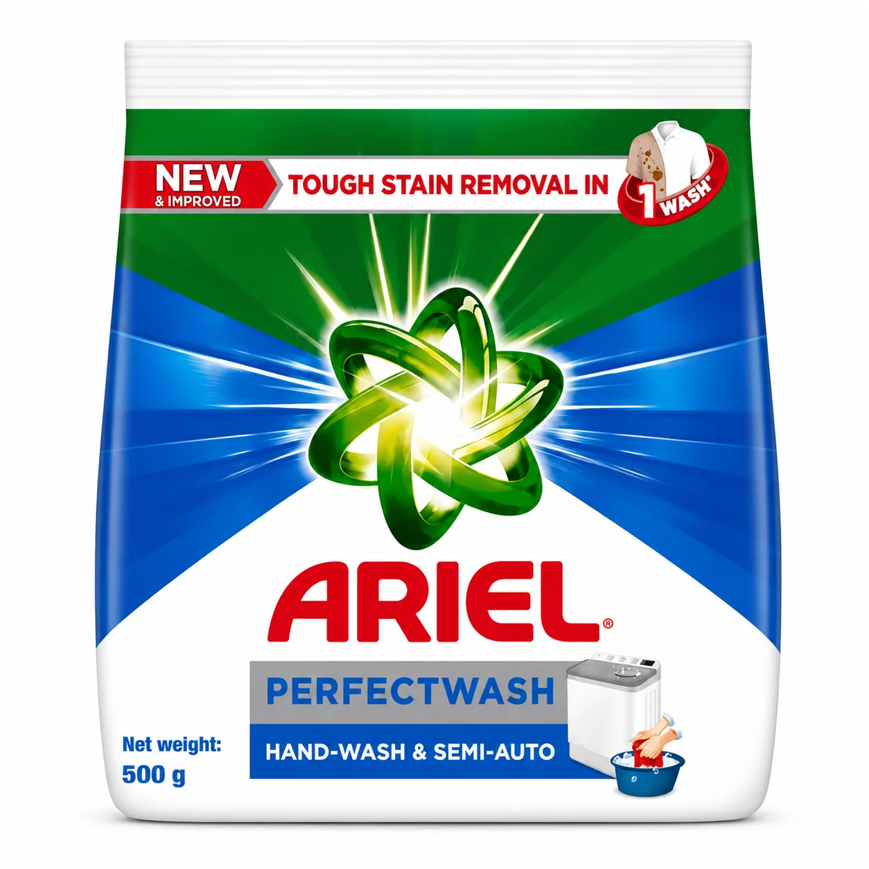 Ariel PerfectWash Detergent Powder 500g | Deep Clean Tough Stain Removal – Hand Wash & Semi-Automatic Laundry Solution for Bright & Fresh Clothes