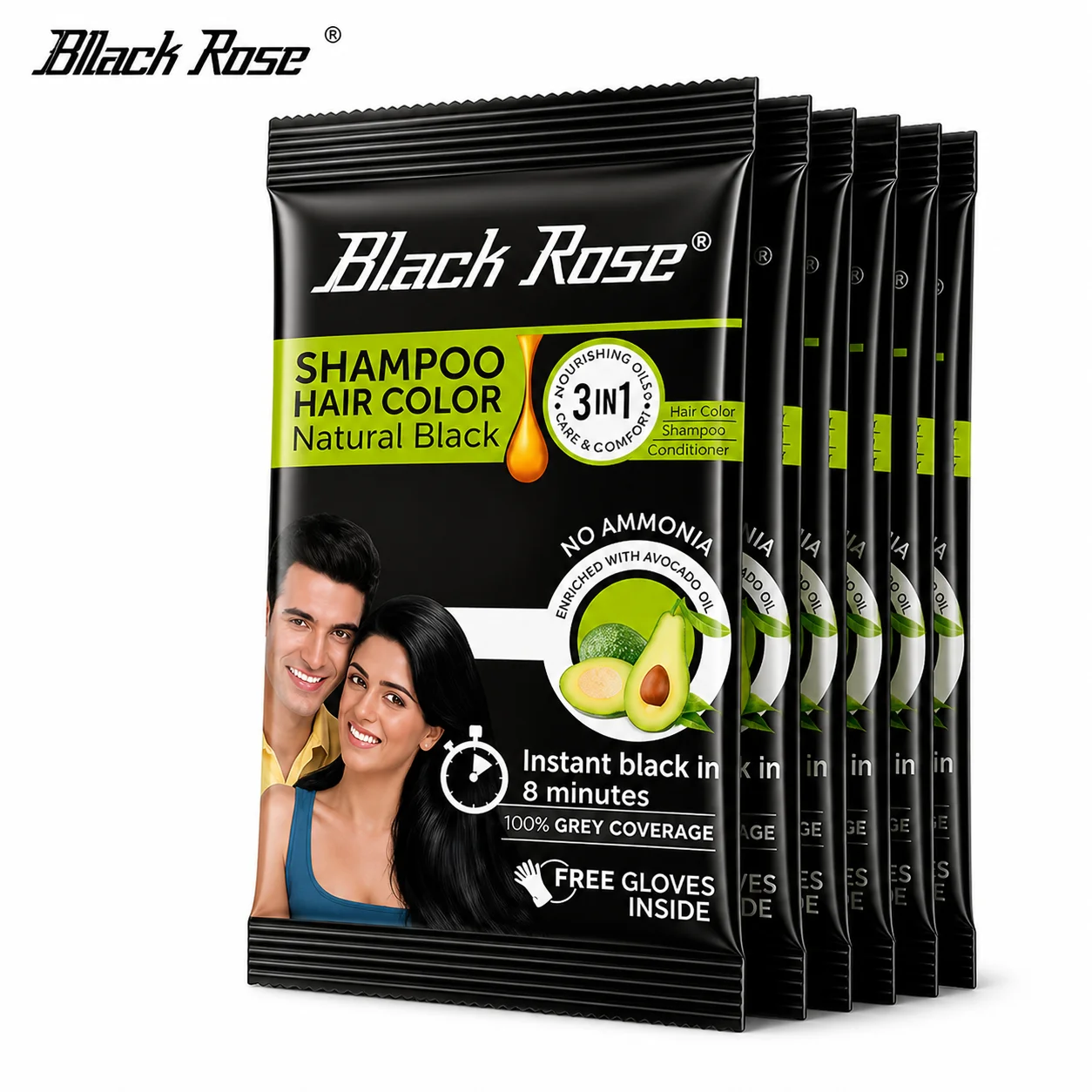 Black Rose Shampoo Hair Color Natural Black 3in1 | Instant Grey Coverage, Ammonia-Free Hair Dye with Conditioner – Smooth, Shiny & Easy Application