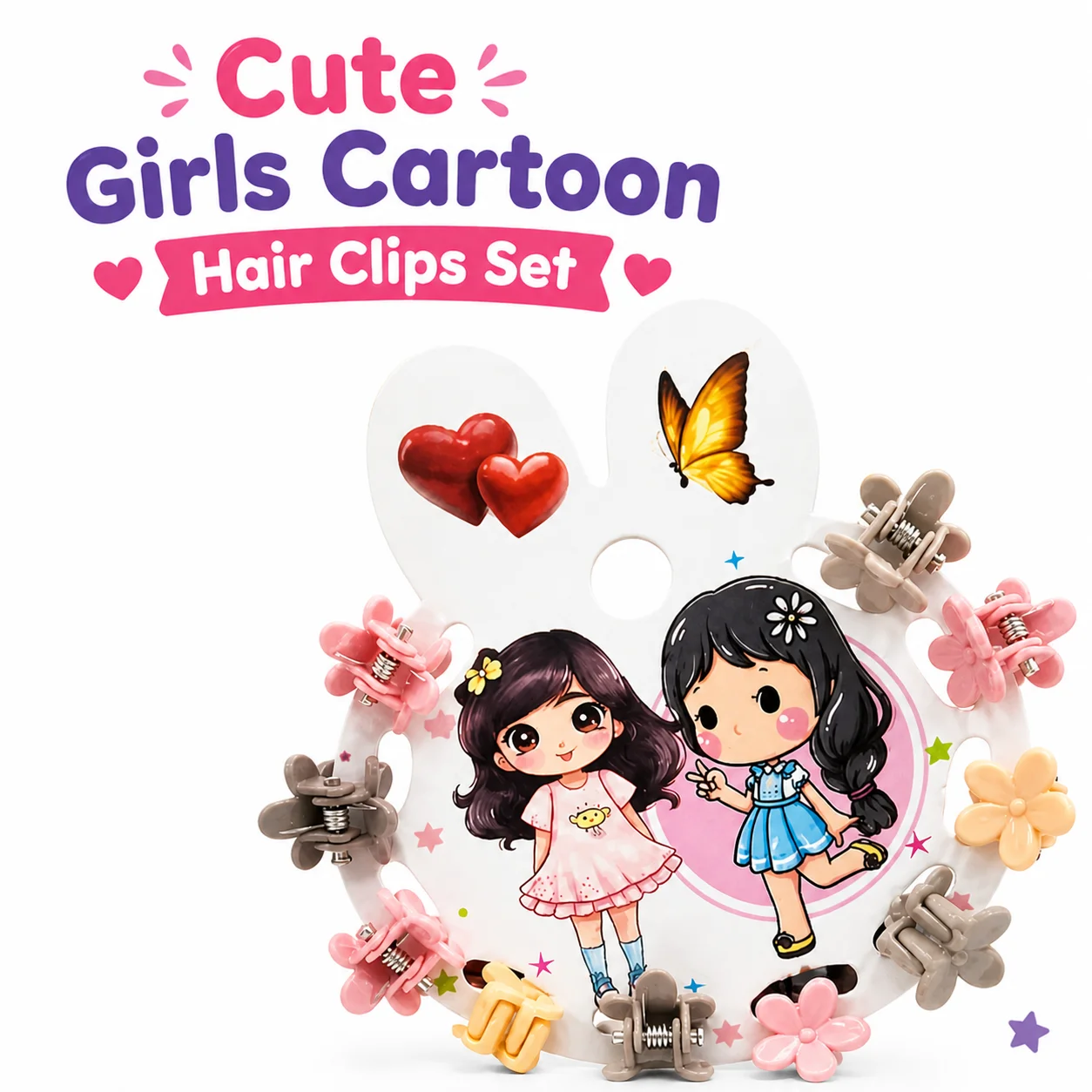 Cute Girls Cartoon Hair Clips Set | Butterfly & Flower Mini Hair Clamps – Colorful Kids Hair Accessories Combo Pack for Daily Wear, Parties & Gifts