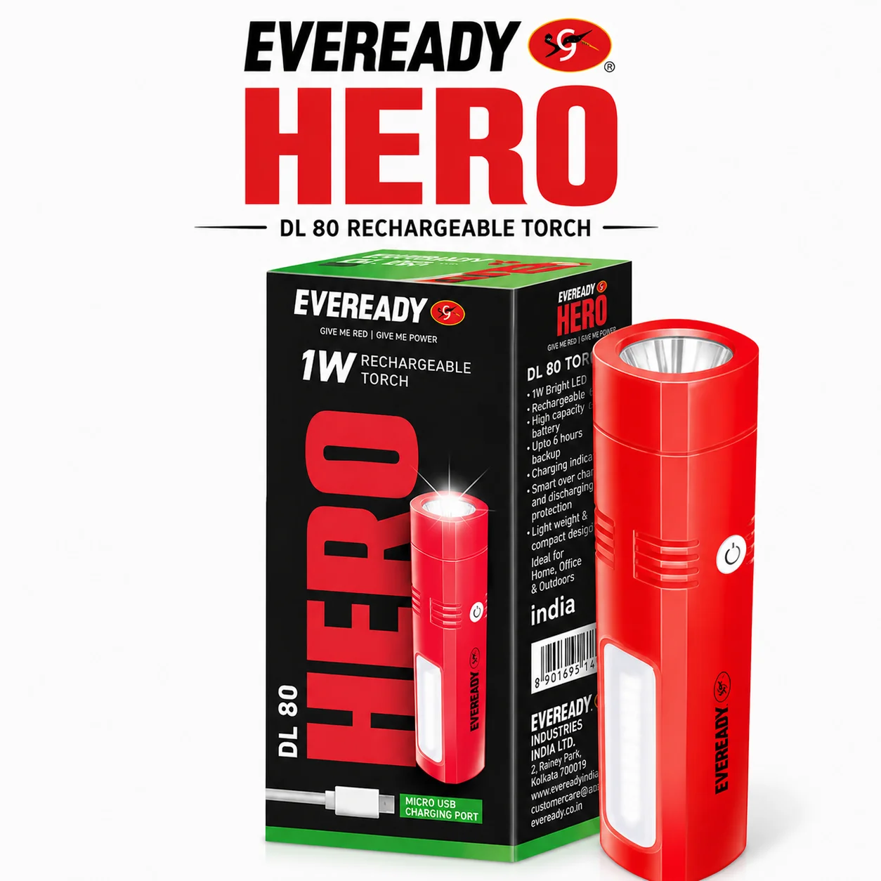 Eveready Hero Rechargeable Torch DL80 | 1W Powerful LED Flashlight with Long Range Beam & Micro USB Charging | Portable Emergency Light for Home, Travel & Outdoor Use
