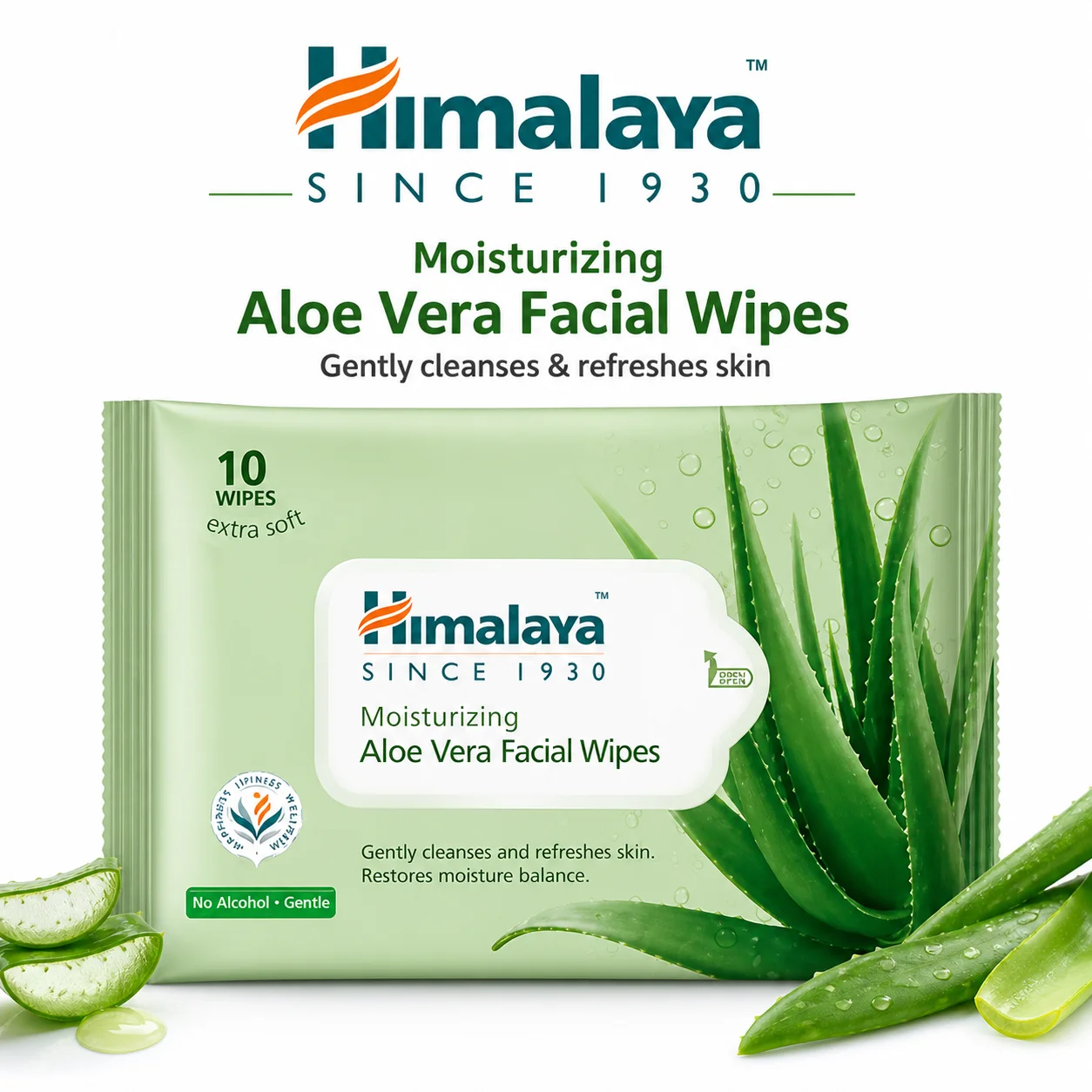 Himalaya Aloe Vera Facial Wipes 10N | Moisturizing & Gentle Cleansing Wipes | Removes Makeup, Dirt & Oil | Alcohol-Free Daily Skincare for All Skin Types