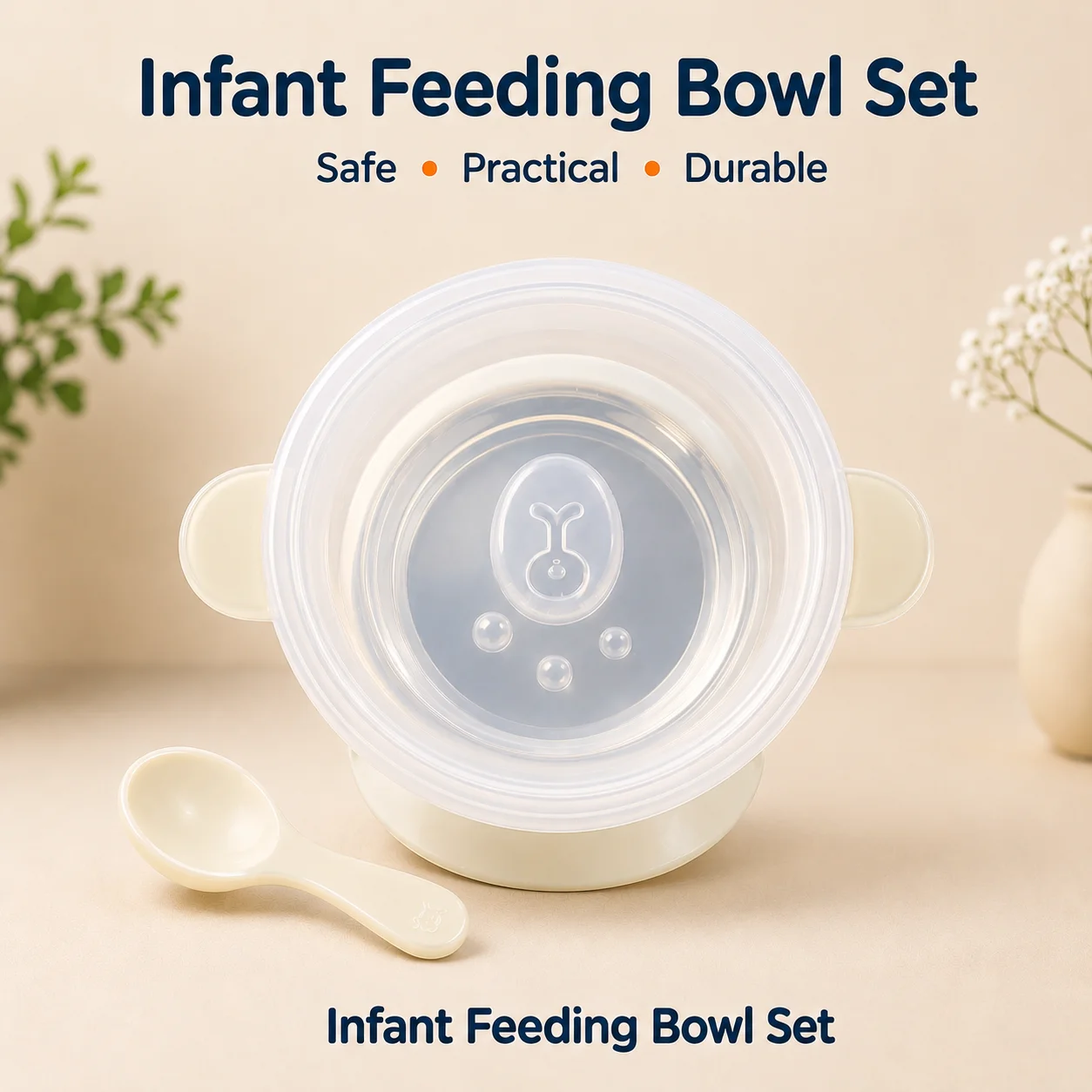 Infant Feeding Bowl Set with Suction Base & Secure Lid | Baby Food Bowl with Easy-Grip Handles - Practical Feeding Set for Babies & Toddlers. (Colors & Design May Vary)
