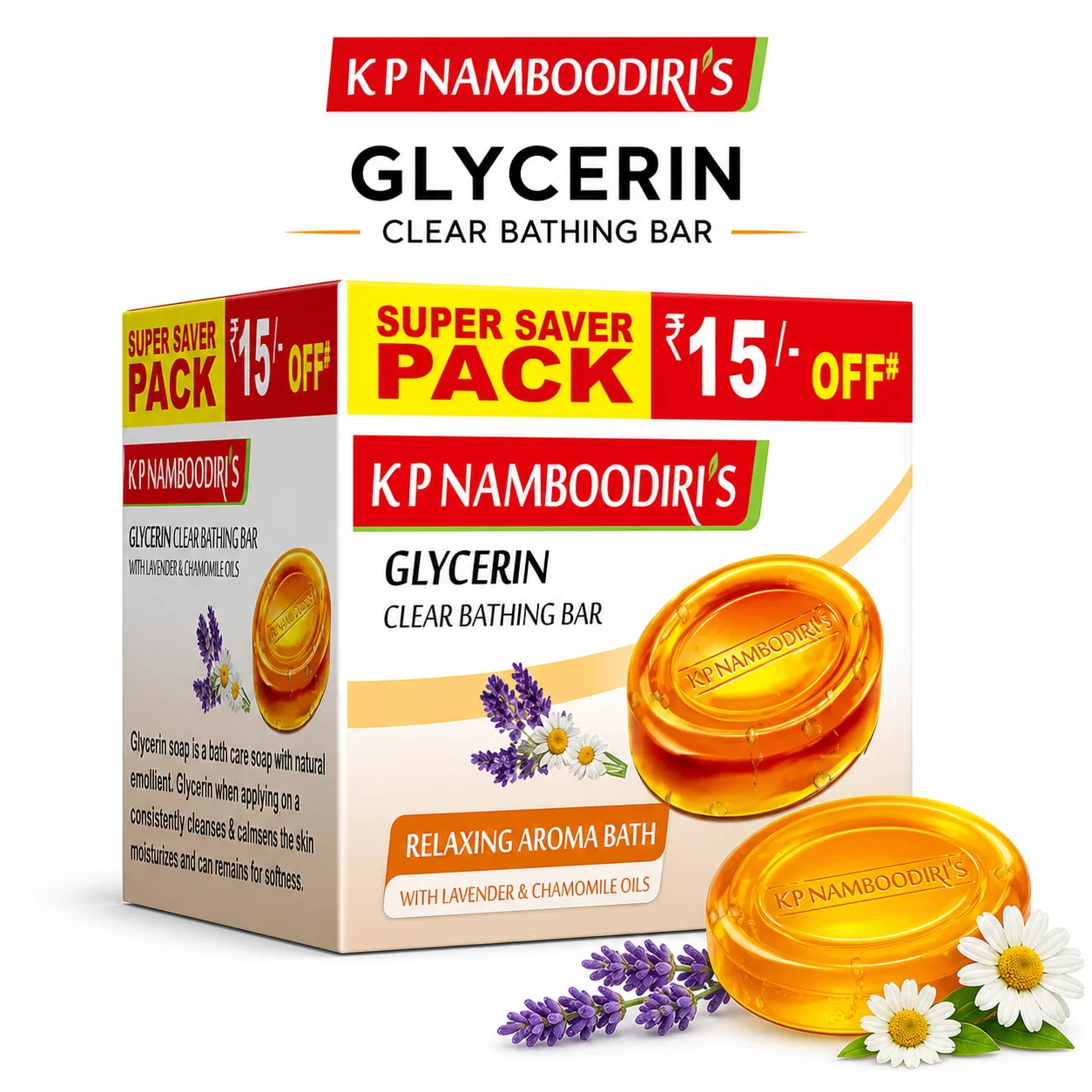K.P Namboodiri’s Glycerin Lavender & Chamomile Bathing Soap 100g (Pack of 3) | Moisturizing Herbal Soap for Soft Skin & Relaxing Aroma | Gentle Family Care