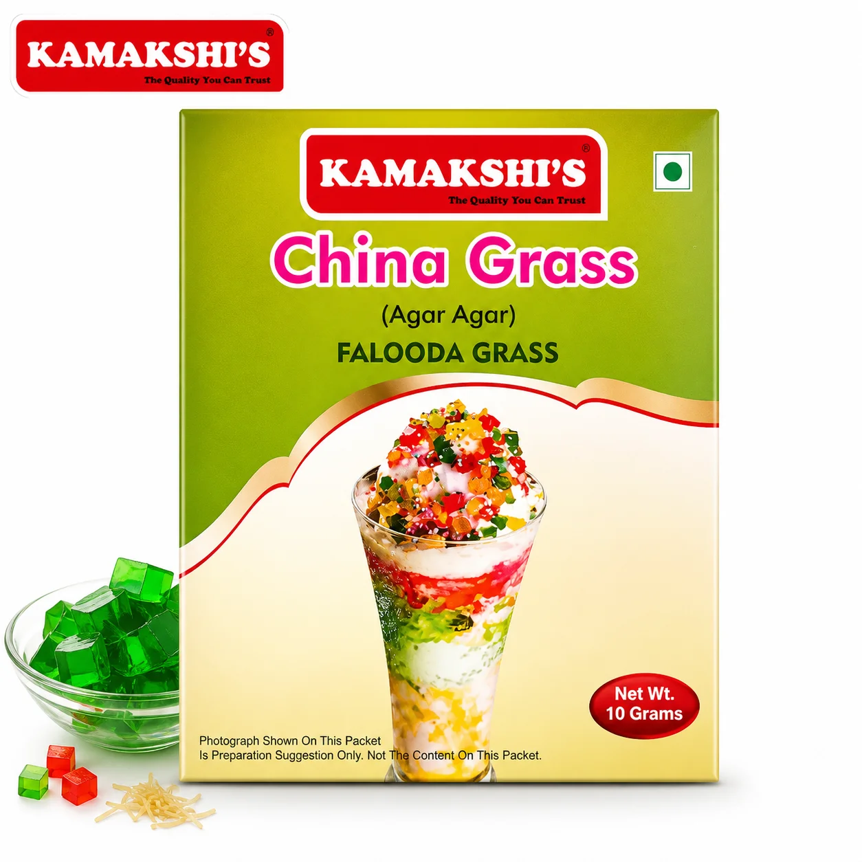 Kamakshis China Grass 10G | Premium Agar Agar Falooda Grass Powder | Natural Vegetarian Dessert Thickener for Puddings & Jelly