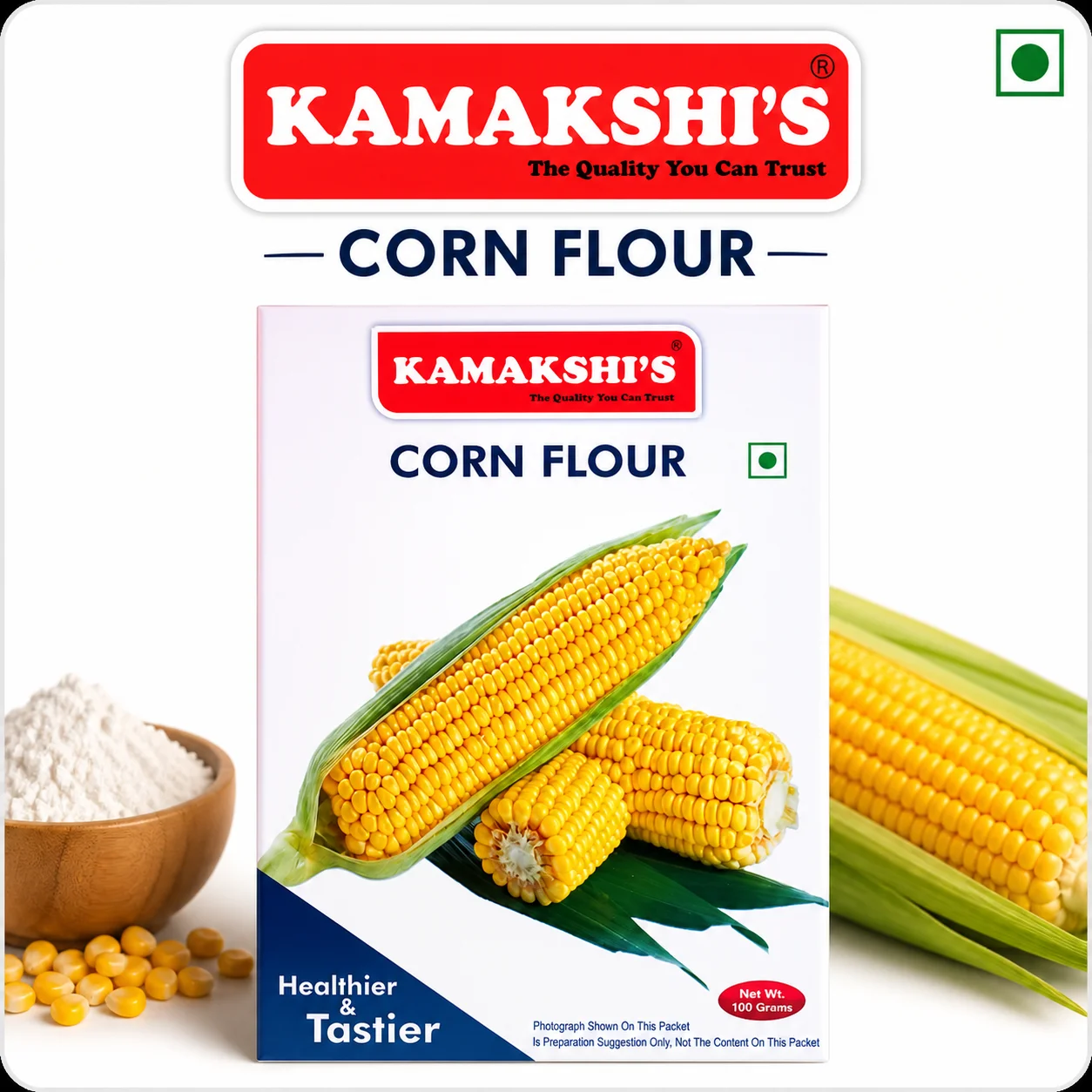 Kamakshis Corn Flour 100G | Pure Gluten-Free Corn Starch for Thickening, Baking & Crispy Frying | Perfect for Soups, Gravies & Snacks