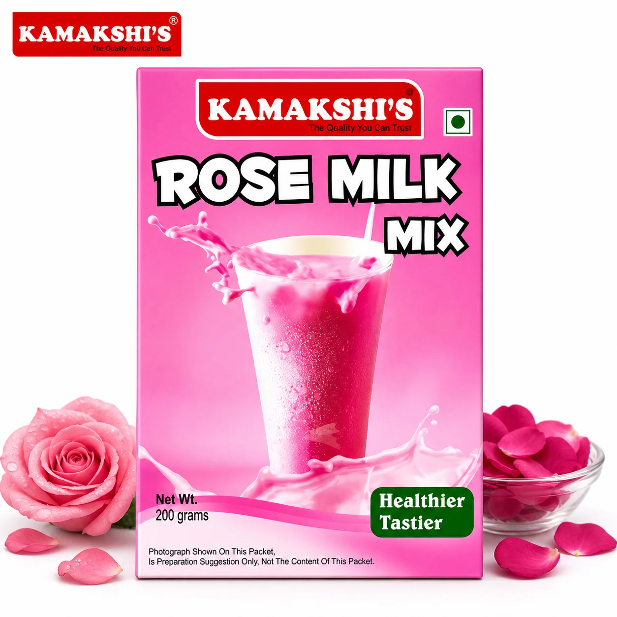 Kamakshis Rose Milk Mix Powder 200G | Refreshing Rose Flavoured Drink Mix | Instant Milkshake & Dessert Mix for All Ages