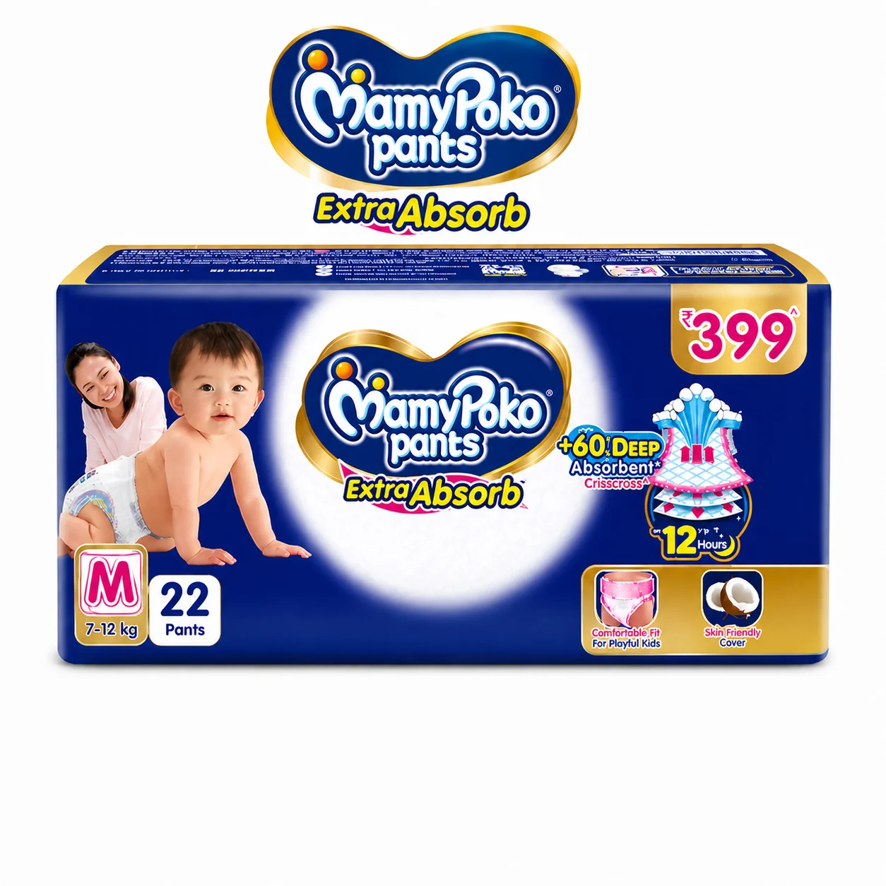MamyPoko Pants Extra Absorb Baby Diapers M Size (7–12 kg) – 22 Count | 12 Hours Dryness, Leak-Proof, Soft & Breathable Diaper Pants for Active Babies
