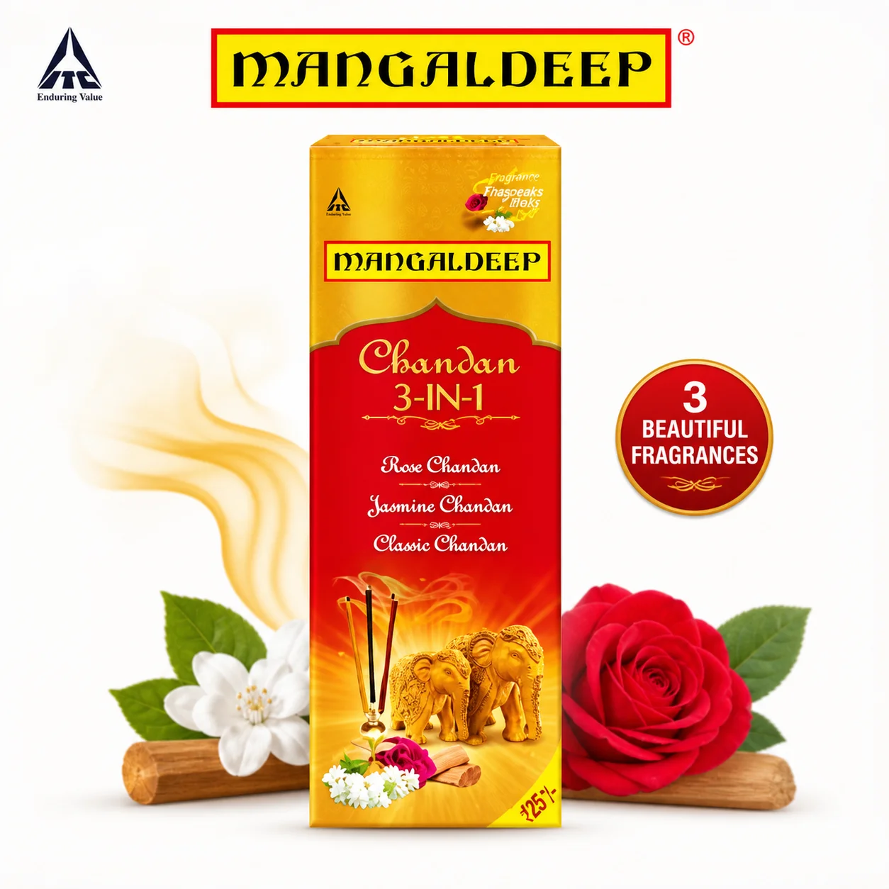 Mangaldeep Chandan 3-In-1 Agarbatti | Rose, Jasmine & Classic Chandan Incense Sticks for Prayer & Meditation