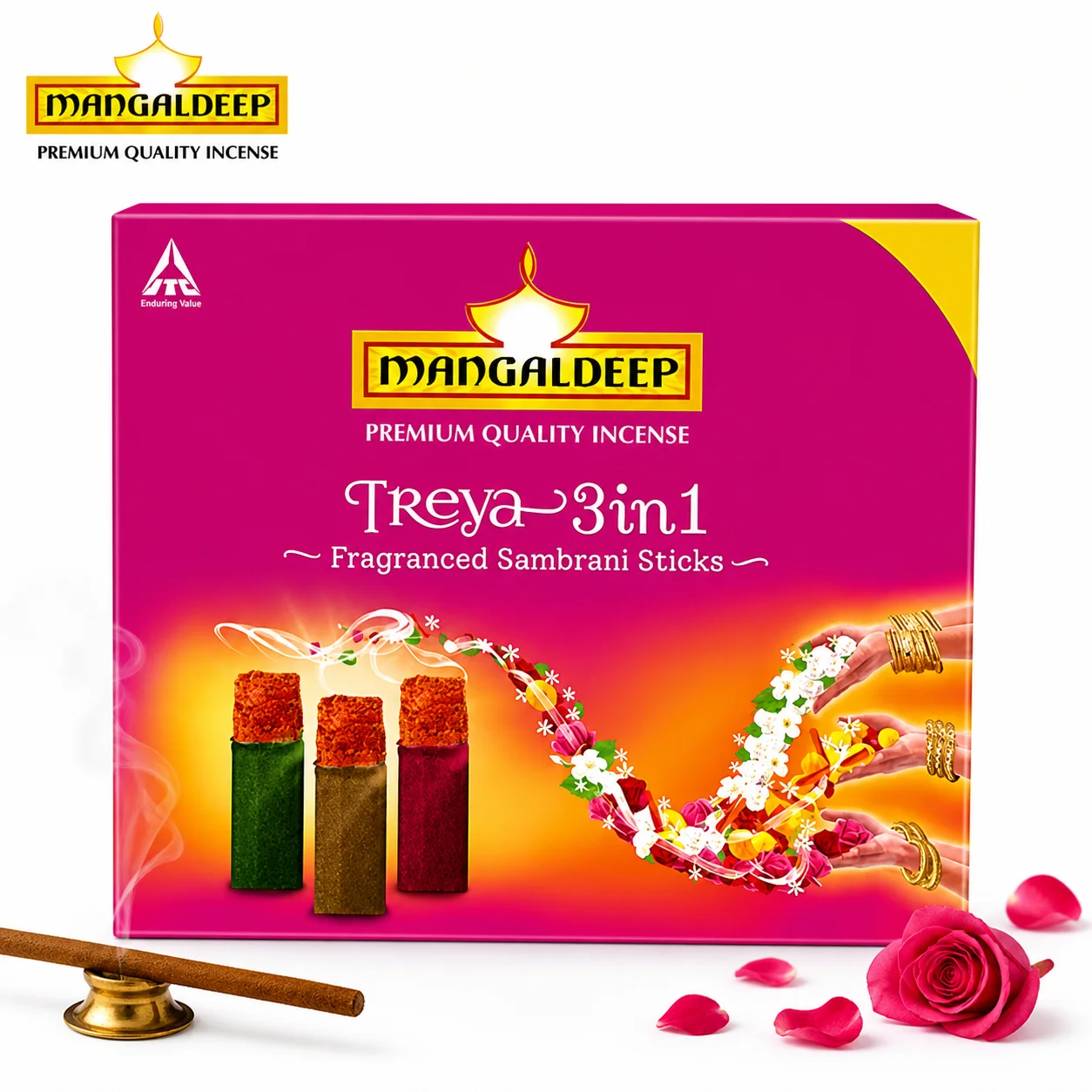 Mangaldeep Treya 3-in-1 Sambrani Sticks 18N | Premium Fragrance Incense for Pooja, Aarti & Home | Long Lasting Divine Aroma & Spiritual Ambience