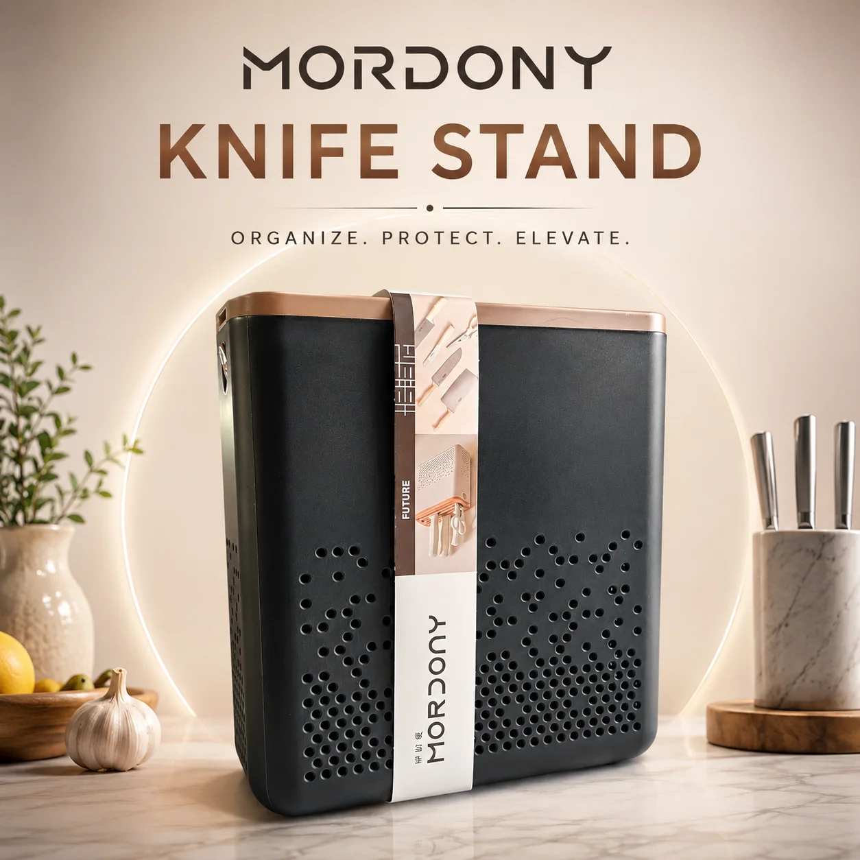 Mordony Universal Knife Stand for Kitchen – Ventilated Knife Holder & Storage Organizer, Space-Saving, Easy to Clean, Durable Countertop Knife Block – Black. (Colors & Design May Vary)