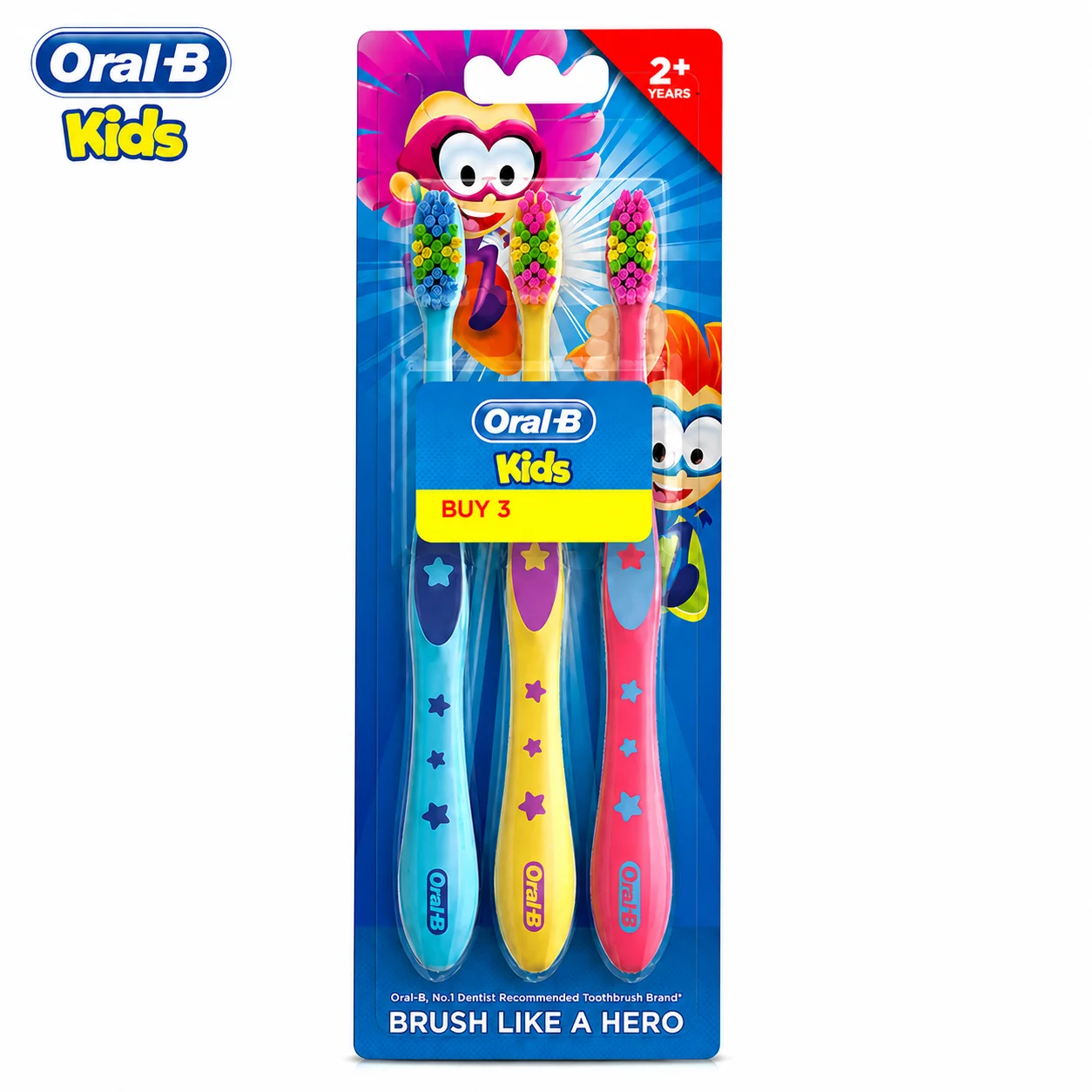Oral-B Kids Soft Toothbrush Pack of 3 | Extra Soft Bristles, Gentle Clean & Easy Grip for Toddlers 2+ Years