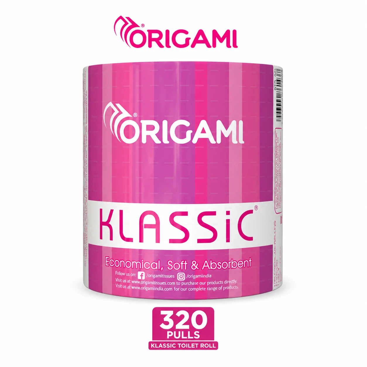 Origami Klassic Toilet Tissue Roll 320 Pulls | Soft, Strong & Highly Absorbent Bathroom Tissue | Everyday Hygiene for Home & Office