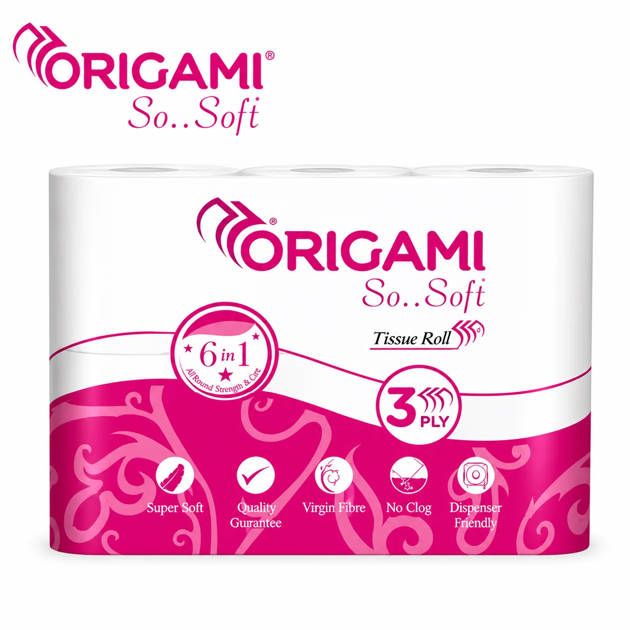 Origami So..Soft 3 Ply Tissue Roll 6-in-1 Care | Ultra Soft, Strong & No-Clog Toilet Roll for Home, Office & Hotels