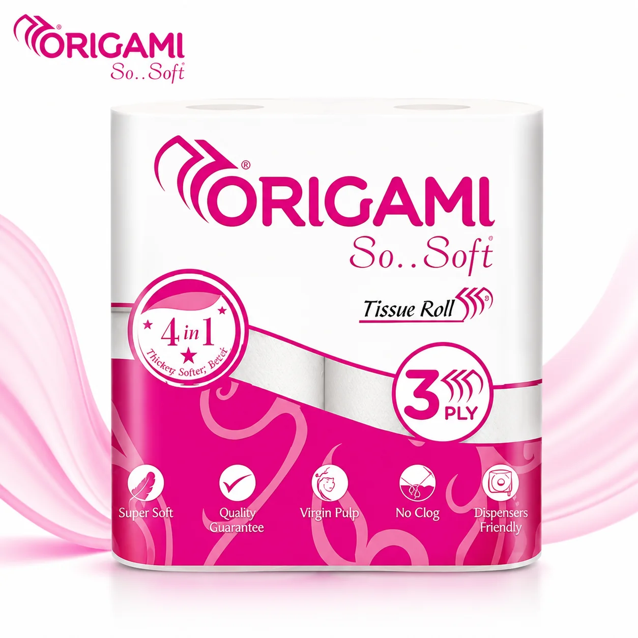 Origami So Soft Tissue Roll 340N | 3 Ply Premium Soft Toilet Paper, Strong Absorbent & No Clog Bathroom Tissue for Home & Office