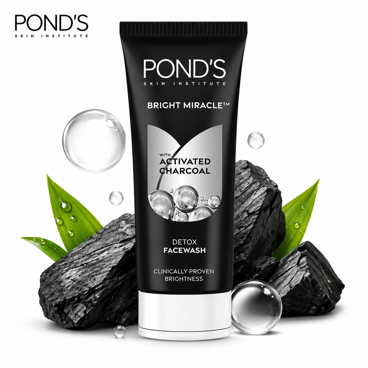 POND’S Bright Miracle Pure Detox Face Wash 100g | Activated Charcoal Cleanser for Deep Detox, Oil Control & Brighter Clear Skin