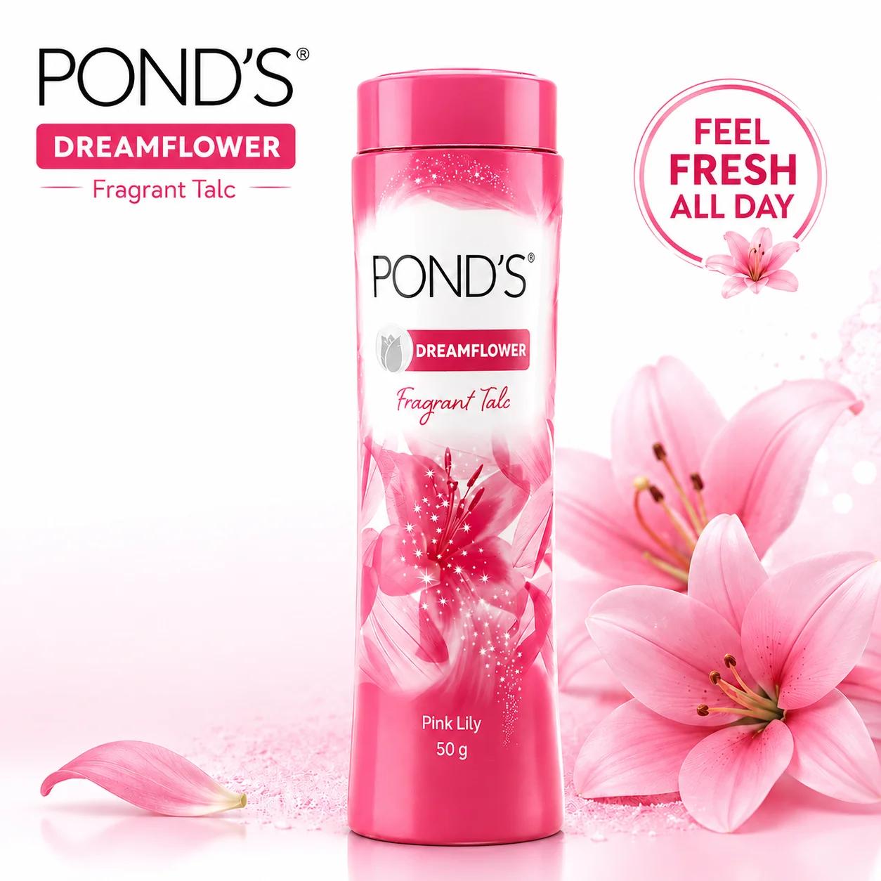 POND`S Dreamflower Talcum Powder 50G | Long Lasting Floral Fragrance & Soft Smooth Skin for Daily Freshness