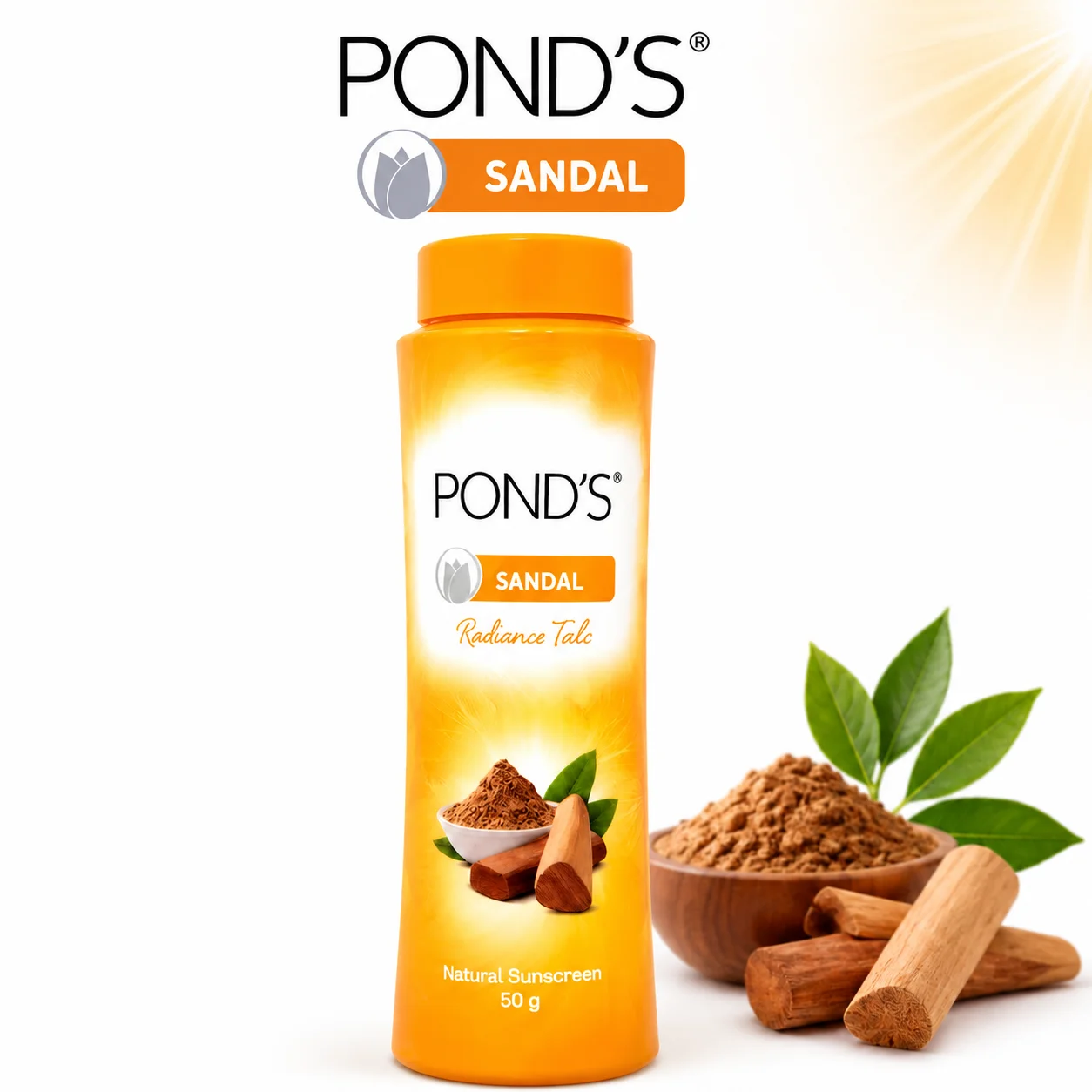 POND’S Sandal Radiance Talcum Powder 50G | Natural Freshness, Soft Smooth Skin & Long-Lasting Sandal Fragrance