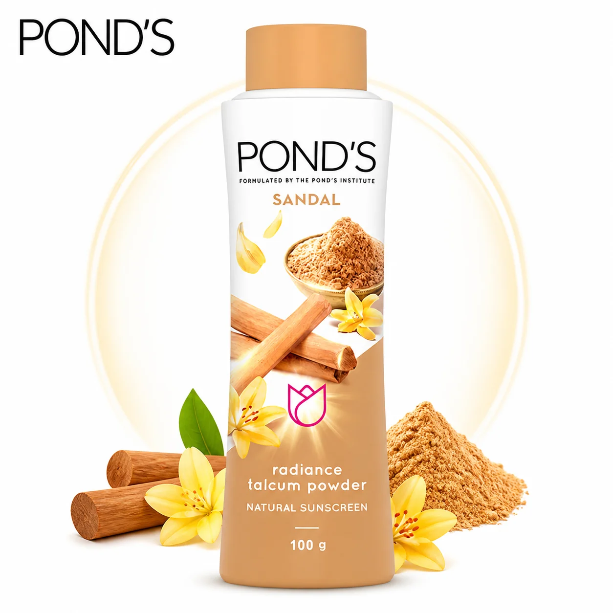 POND’S Sandal Radiance Talcum Powder 100G | Natural Sunscreen, Long-Lasting Freshness & Soft Smooth Skin Care