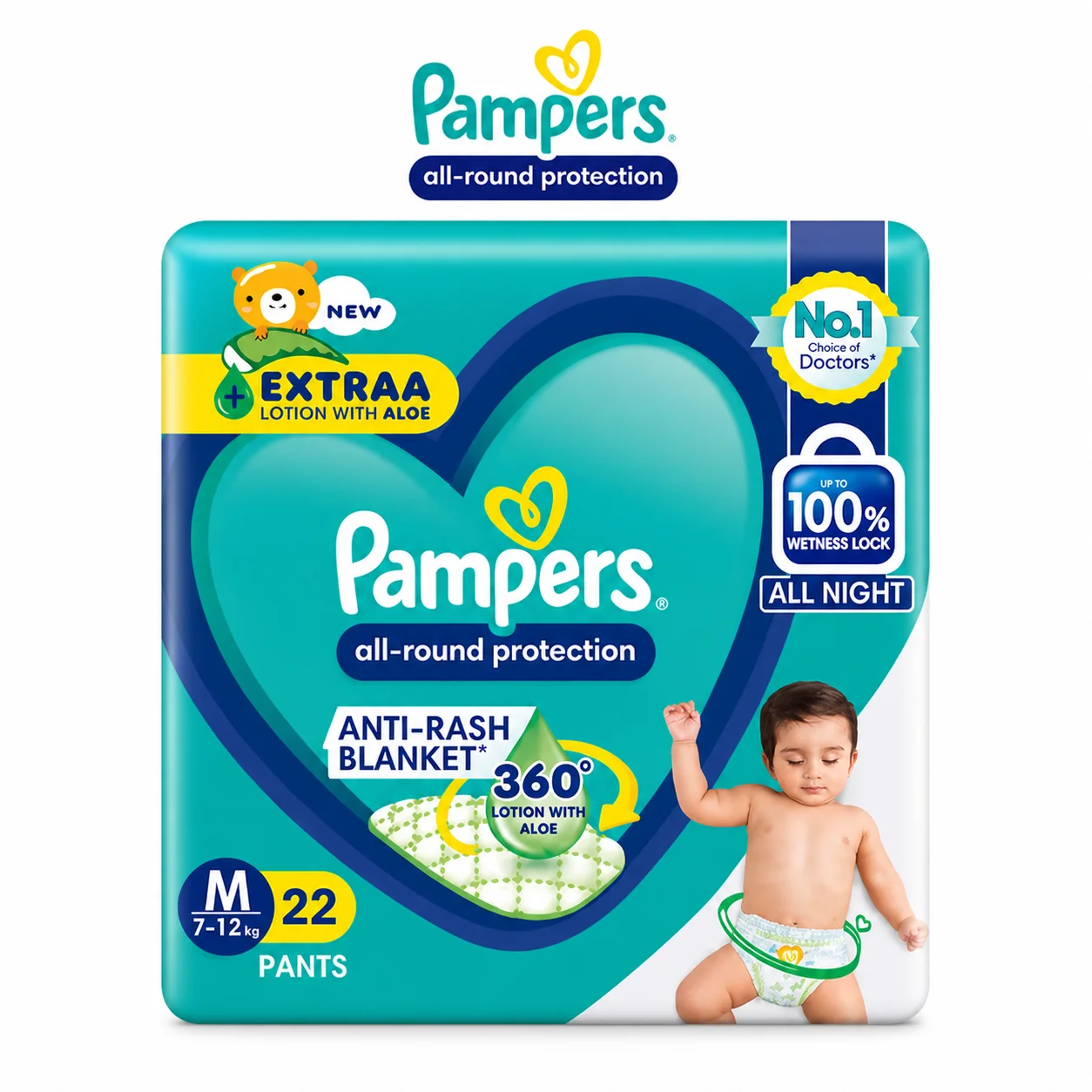 Pampers All Night Protection Baby Diaper Pants M Size (7–12 kg) – 22 Count | 100% Wetness Lock, Anti-Rash Aloe Lotion, Leak-Proof Overnight Comfort for Babies