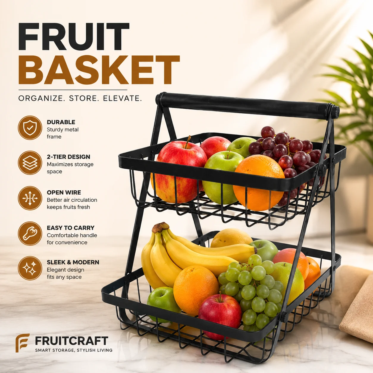 Premium 2-Tier Metal Fruit Basket with Handle | Rust-Resistant Stackable Kitchen Storage Organizer | Large Capacity Wire Basket for Fruits, Vegetables, Snacks & Pantry Countertop – Black. (Colors & Design May Vary)