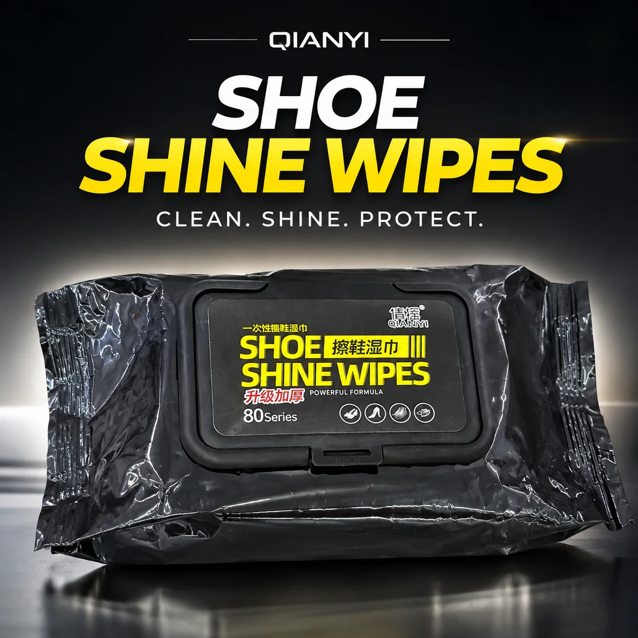 QIANYI Shoe Shine Wipes – 80 Count | Instant Cleaning & Polishing Wipes for Leather Shoes, Sneakers, Bags & Car Interiors – No-Residue, Travel-Friendly Shoe Care Wipes. (Colors & Design May Vary)