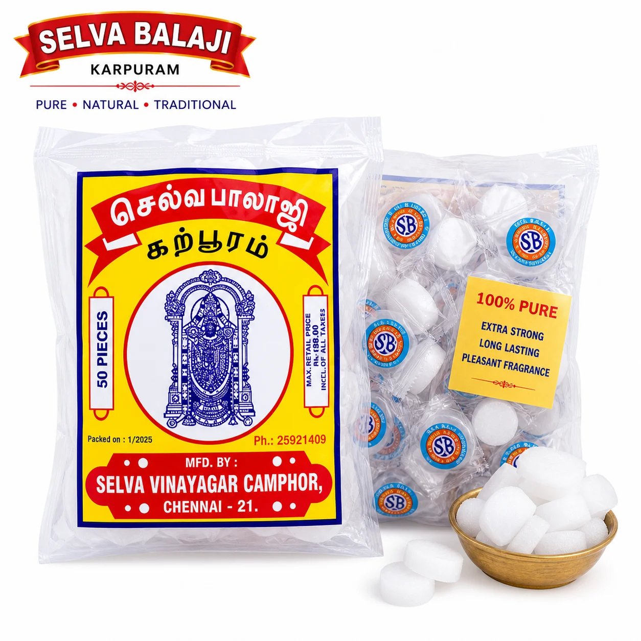 Selvabalaji Camphor 40G | 100% Pure Natural Camphor for Pooja, Havan & Home Purification | Long-Lasting Strong Aroma & Spiritual Use