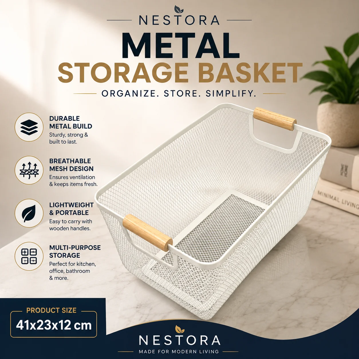 Softique Metal Mesh Storage Basket with Wooden Handles | Large Multi-Purpose Organizer Bin for Pantry, Kitchen, Bathroom, Laundry, Office & Toys. (Colors & Design May Vary)