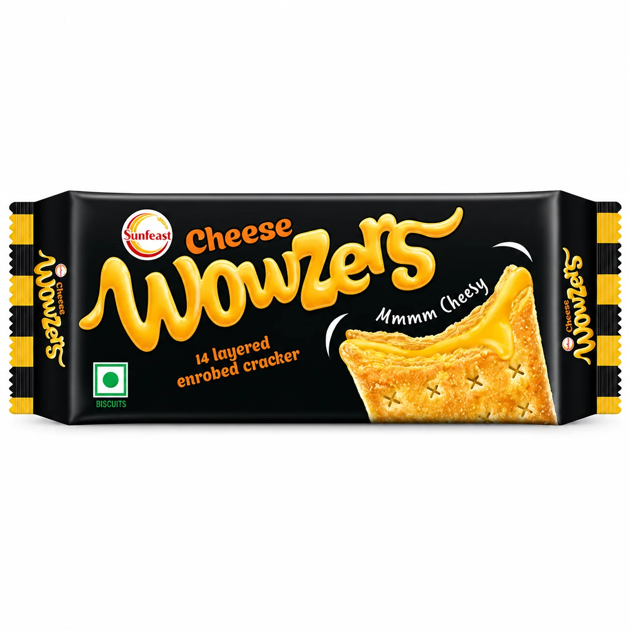 Sunfeast Cheese Wowzers 128G | Crunchy Layered Cheese Crackers with Real Cheese Filling – Crispy Snack for Tea-Time & Anytime Munching