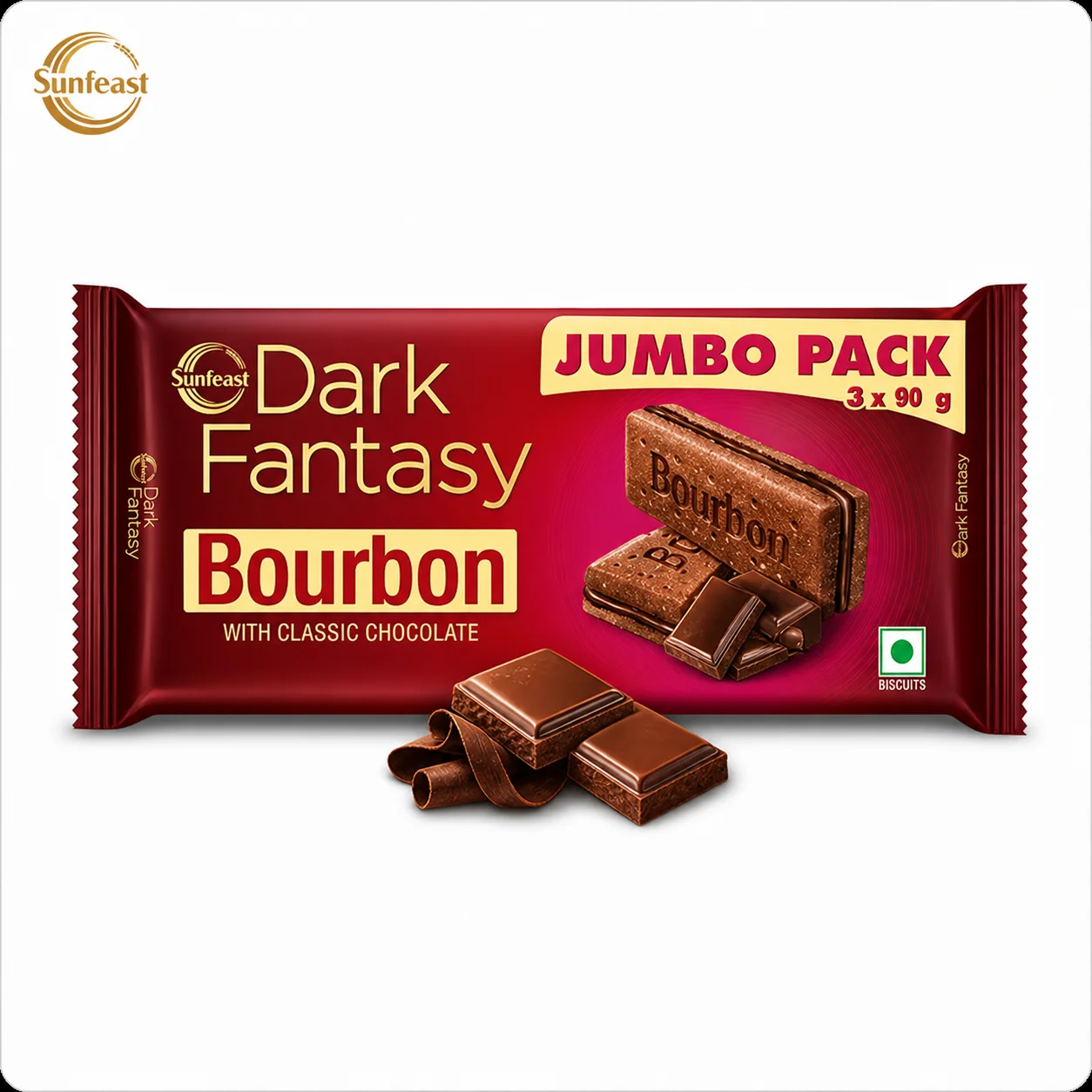 Sunfeast Dark Fantasy Bourbon Biscuits Jumbo Pack 3x90g | Rich Chocolate Cream Sandwich Cookies – Crunchy Tea Time Snack for Kids & Family