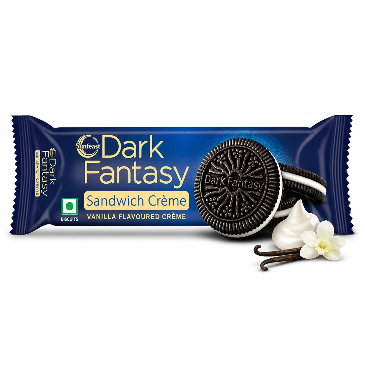 Sunfeast Dark Fantasy Sandwich Crème Vanilla Biscuits | Rich Cocoa Cookies with Smooth Vanilla Cream – Premium Tea Time Snack for All Ages