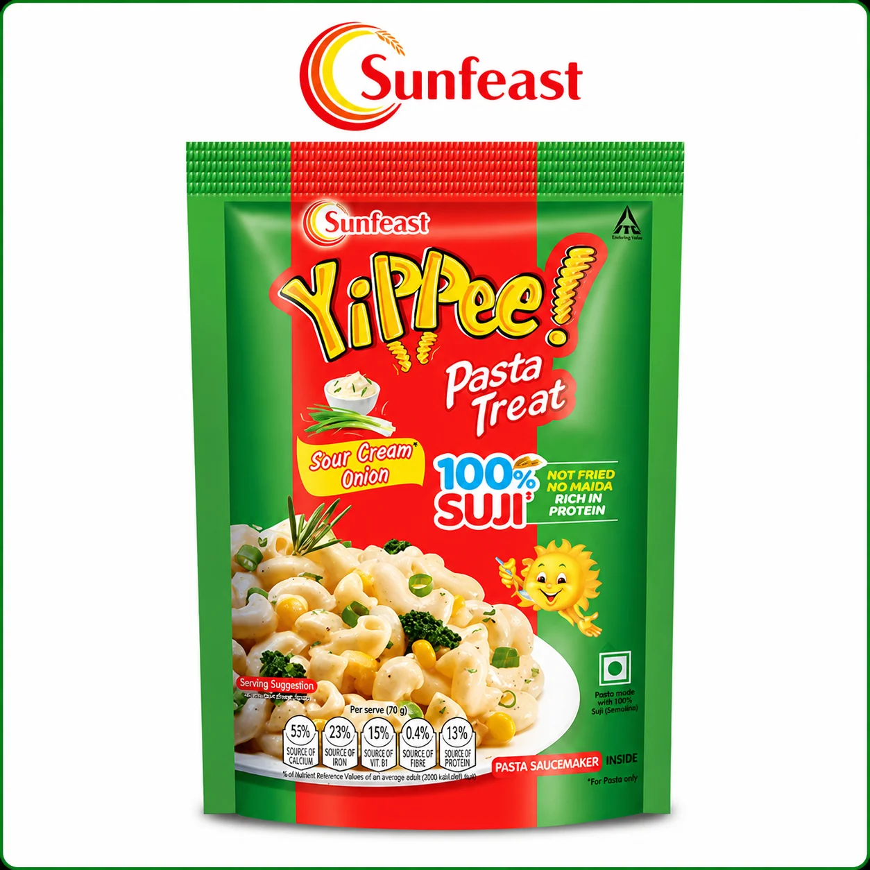 Sunfeast YiPPee Sour Cream Onion Pasta 70g | Instant Suji Pasta Snack | No Maida, Not Fried & Protein Rich | Creamy Tangy Flavor for Kids & Quick Meals
