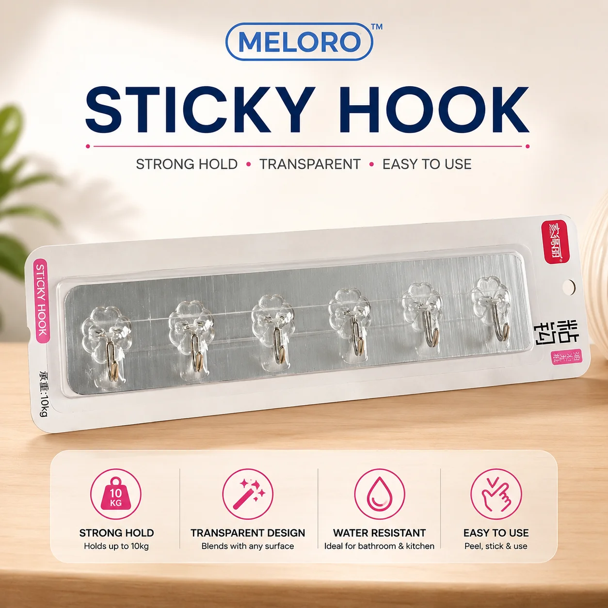 Transparent Self-Adhesive Wall Hooks | Heavy Duty Sticky Hooks Up to 10kg | Waterproof No-Drill Removable Hooks for Kitchen, Bathroom, Office & Home | 6 Hooks. (Colors & Design May Vary)