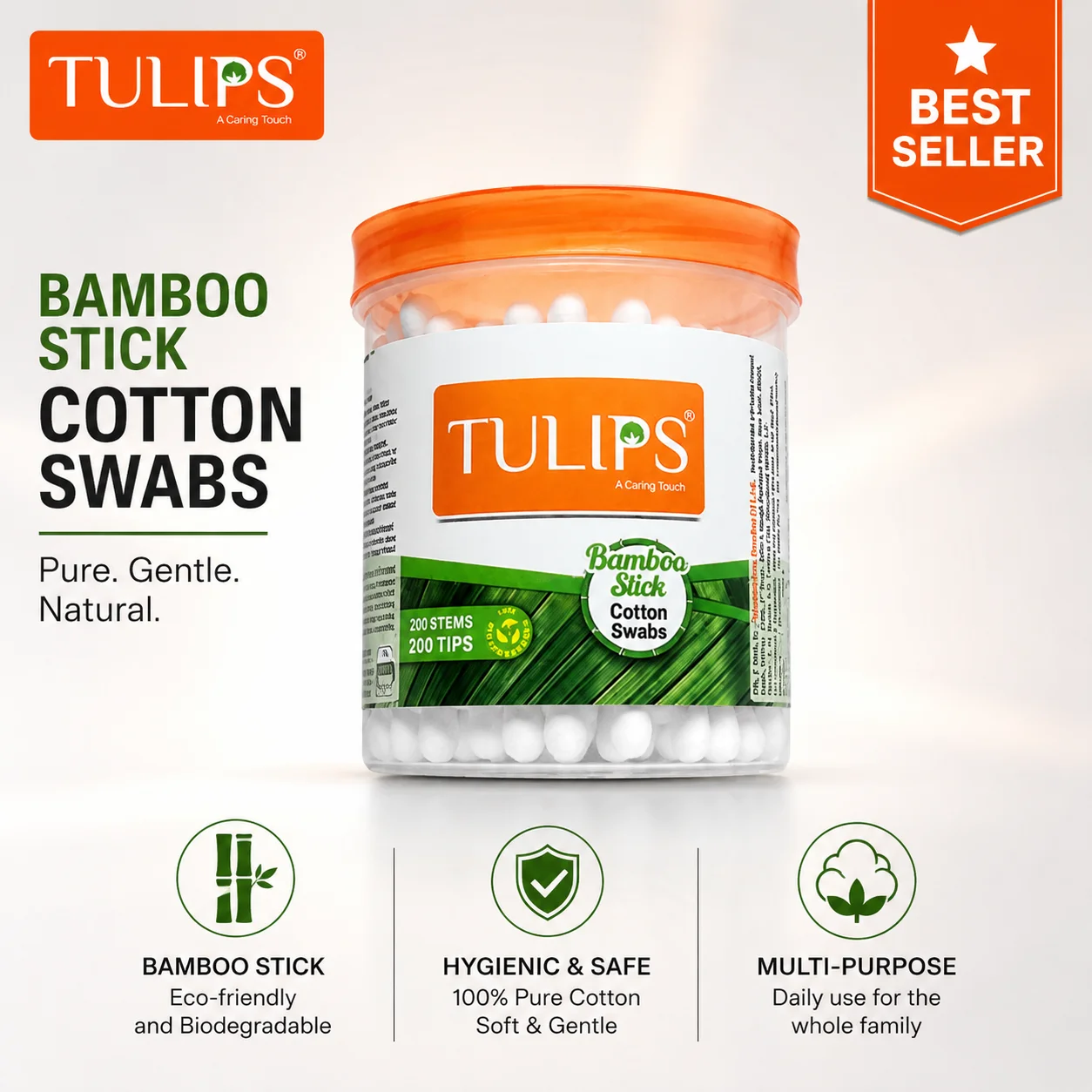 Tulips Bamboo Stick Cotton Swabs | 100% Pure Cotton Ear Buds with Eco-Friendly Bamboo Sticks | Soft, Hygienic Cotton Swabs for Baby Care, Makeup, Beauty, First Aid & Daily Personal Hygiene. (Colors & Design May Vary)