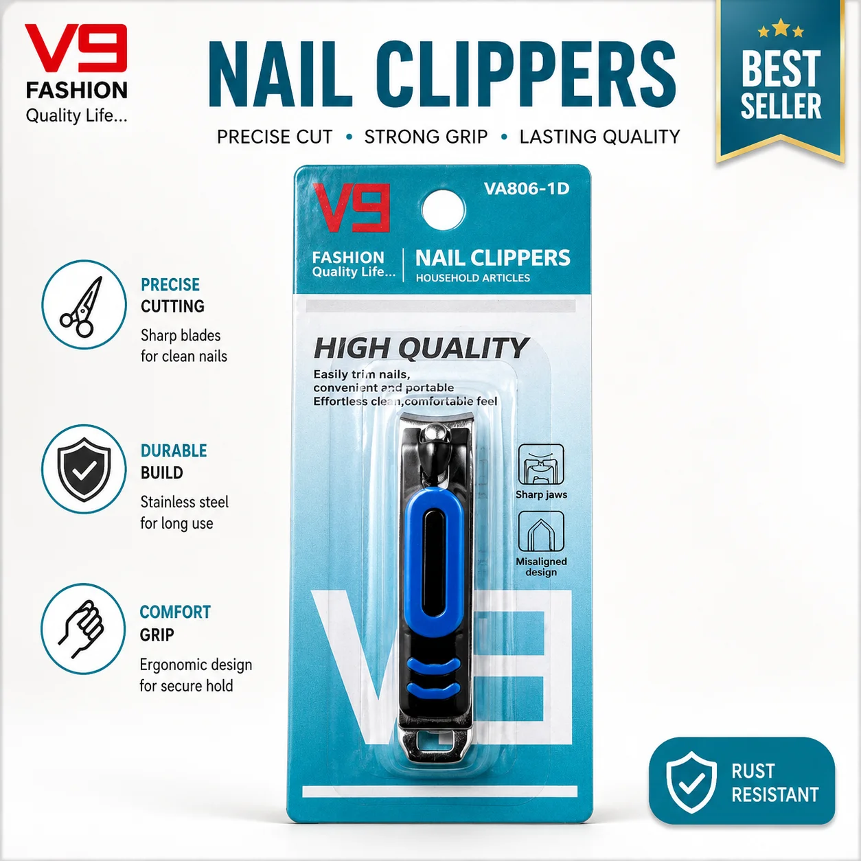 V9 Premium Stainless Steel Nail Clipper | Professional Sharp Fingernail & Toenail Cutter with Ergonomic Non-Slip Grip | Heavy-Duty Precision Nail Trimmer for Men, Women & Seniors