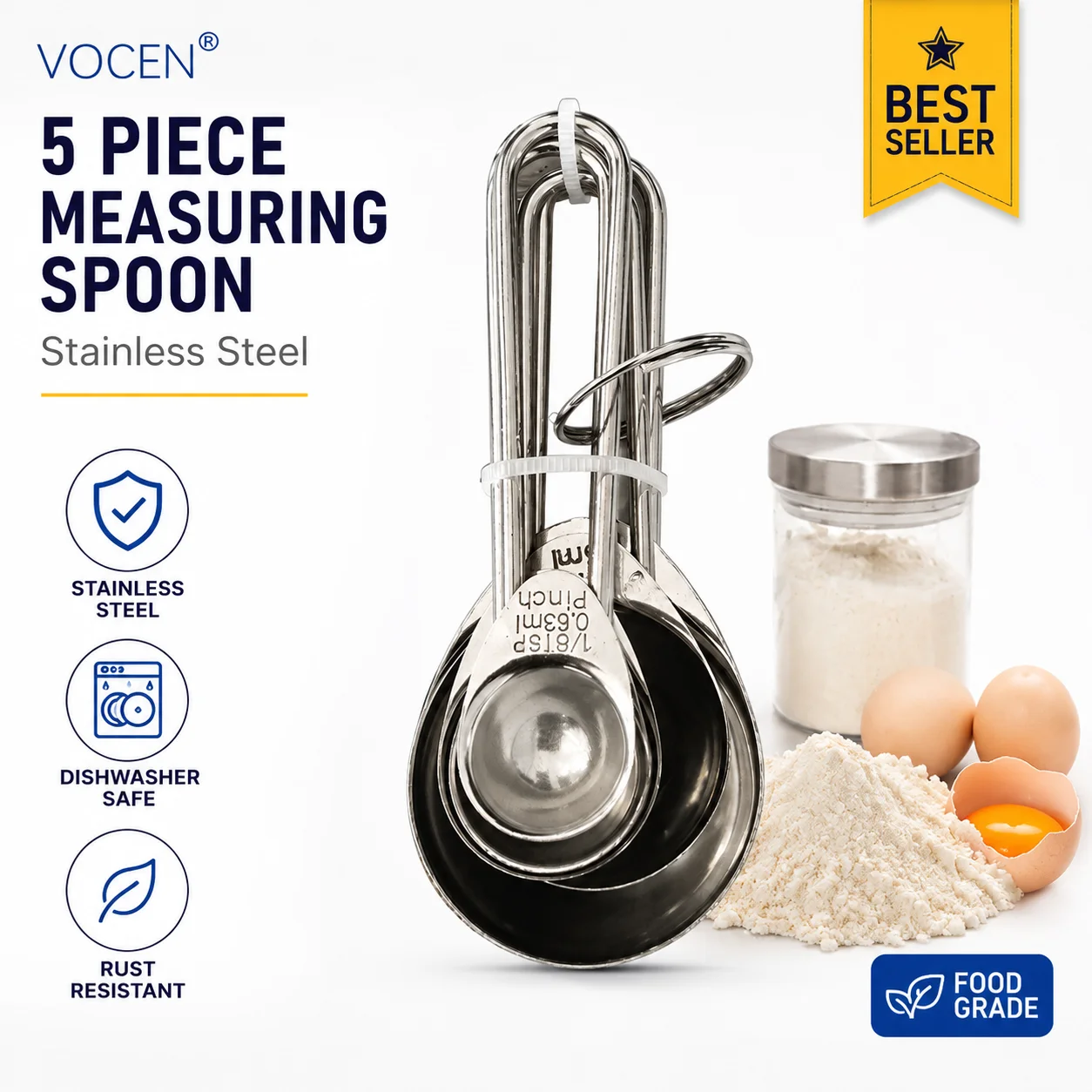 VOCEN 5-Piece Stainless Steel Measuring Spoon Set | Food Grade Measuring Spoons for Baking, Cooking & Kitchen | Dishwasher Safe. (Colors & Design May Vary)