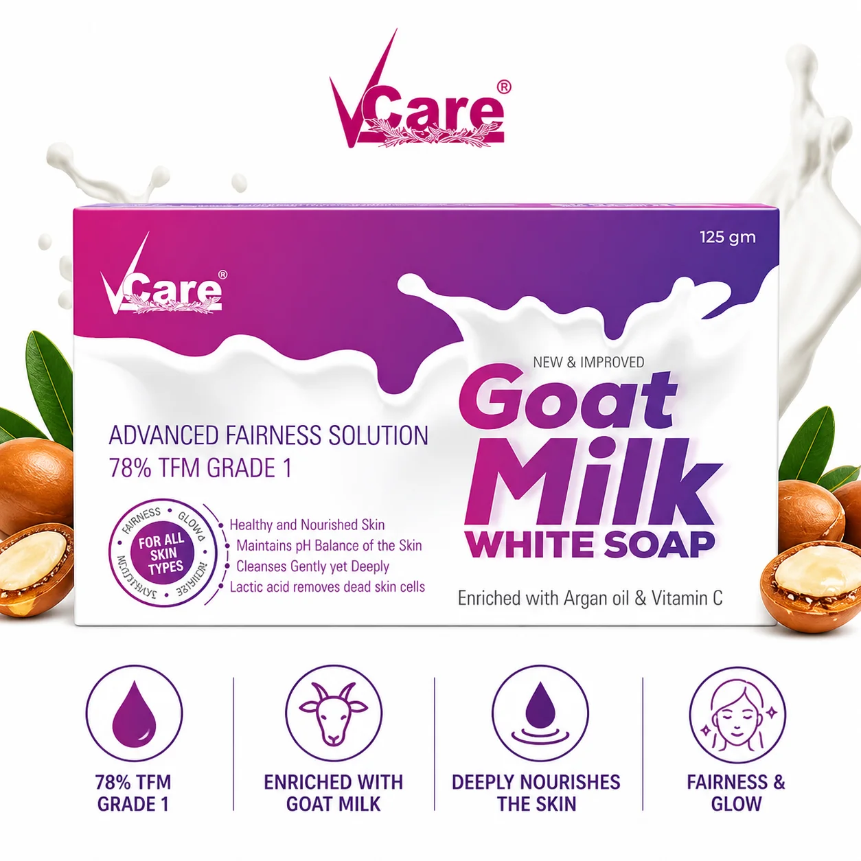 Vcare Goat Milk White Soap 75g | Brightening & Nourishing Bath Soap with Argan Oil & Vitamin C | Gentle Deep Cleansing for Soft, Radiant Skin
