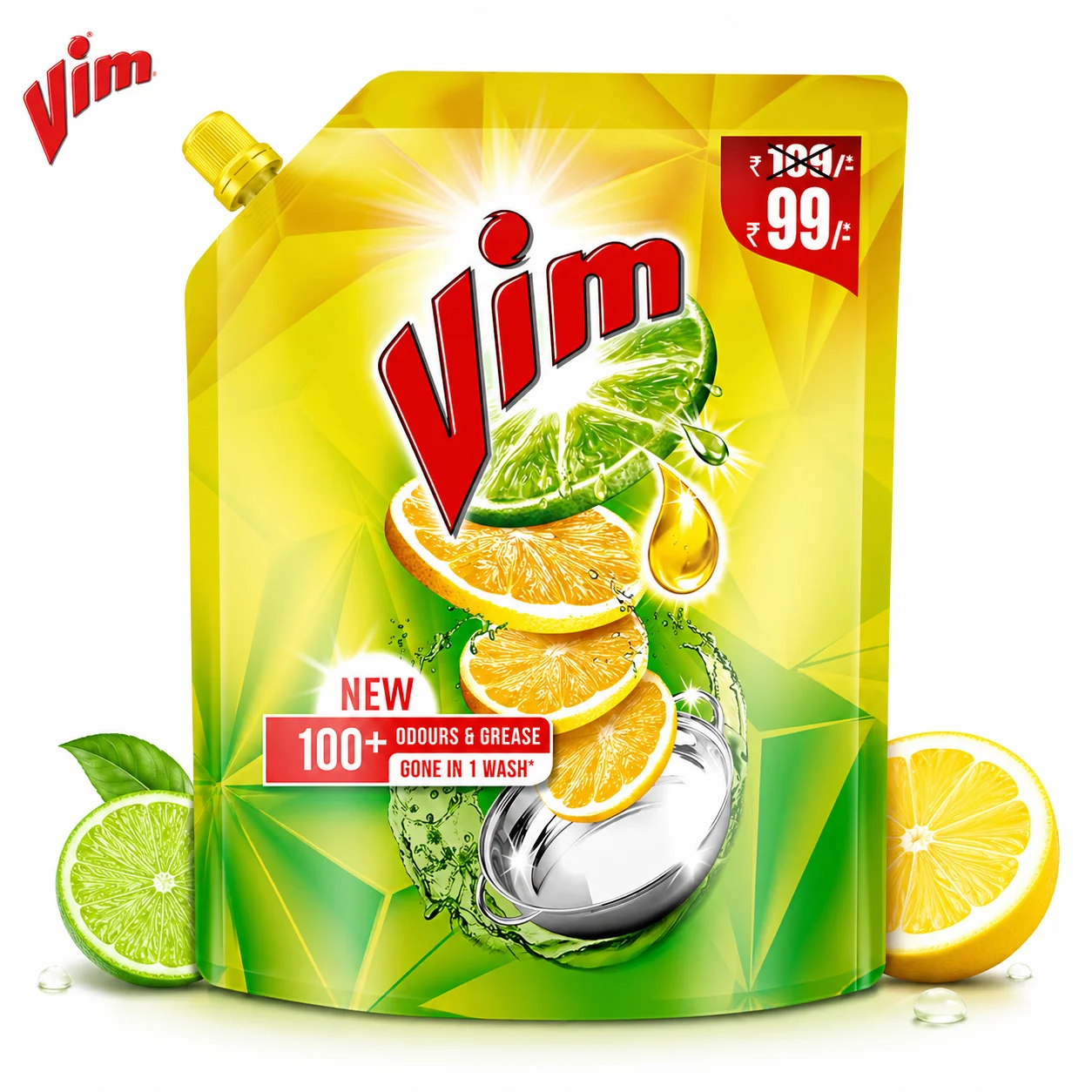 Vim Lemon Fresh Dishwash Liquid Refill Pouch 500ml | Powerful Grease Remover with Citrus Freshness | Sparkling Clean Utensils & Gentle on Hands