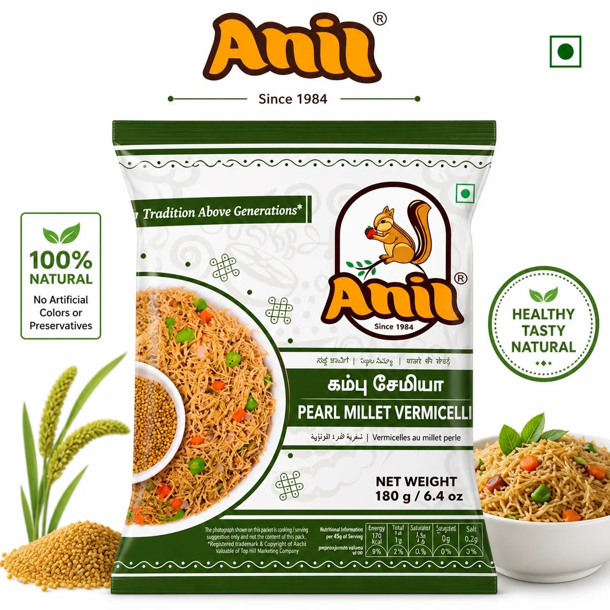 Anil Pearl Millet Vermicelli 180 Gm | Healthy Bajra Vermicelli for Upma, Kheer & Quick Meals | High Fiber, Gluten Free & Protein Rich