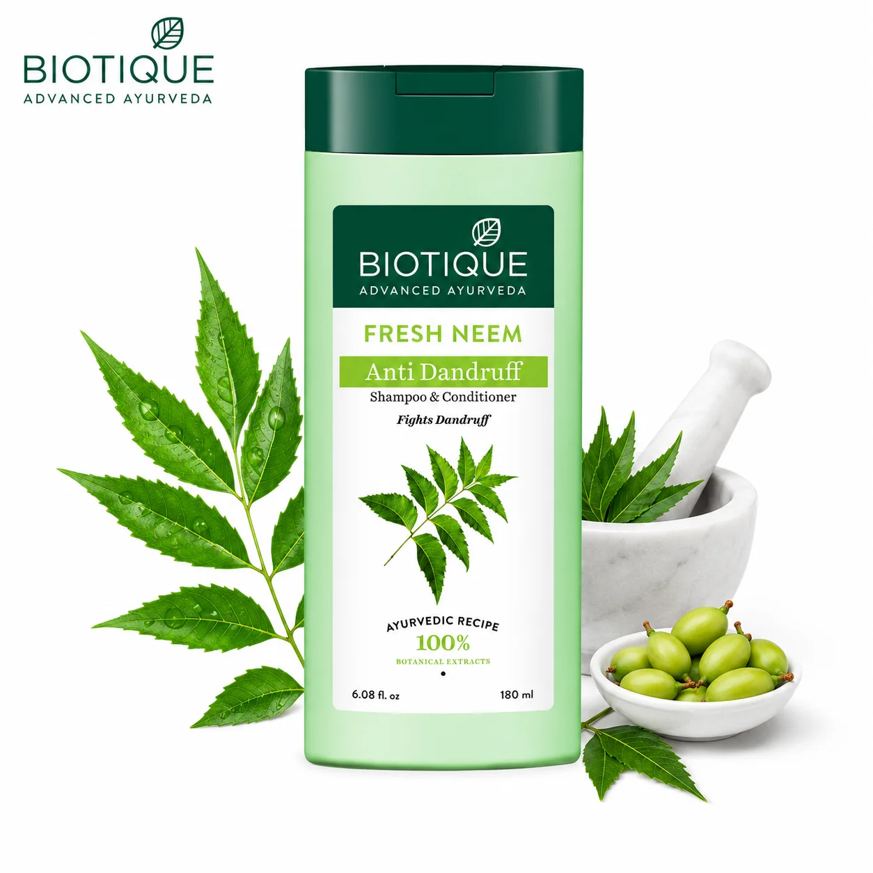 Biotique Fresh Neem Anti Dandruff Shampoo & Conditioner 190ml | Herbal Scalp Care & Flake Control for Healthy Hair