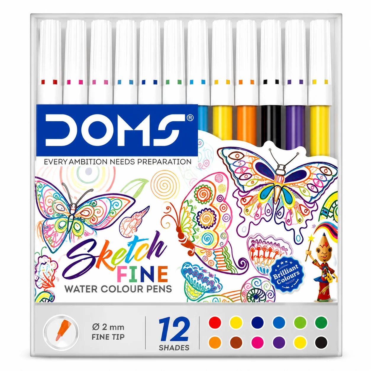 Doms Sketch Fine 12 Colour Shades | Water Colour Pens with Fine Tip for Drawing, Coloring & Sketching – Vibrant Ink Set for Students & Artists