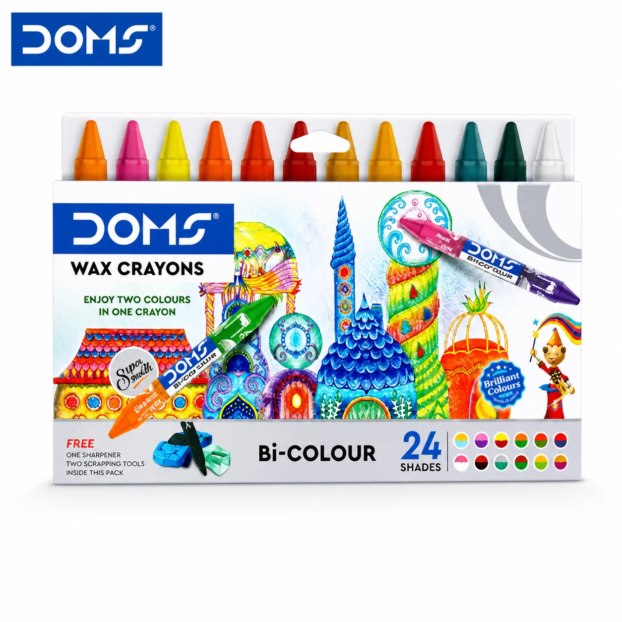 DOMS Wax Crayons 24 Shades Bi-Colour | Bright Smooth Coloring Crayons for Kids, School Projects, Art & Craft Fun