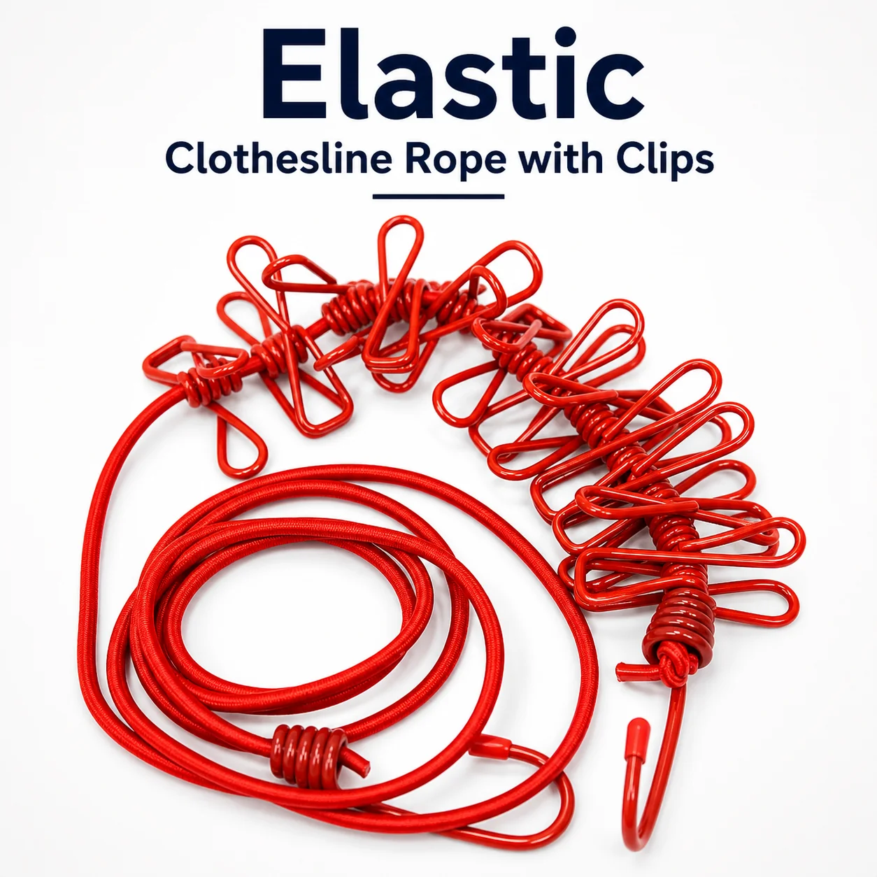 Elastic Clothesline Rope with Clips | Portable Travel Laundry Drying Line – Strong Grip Anti-Slip Clips & Hooks for Indoor Outdoor Use