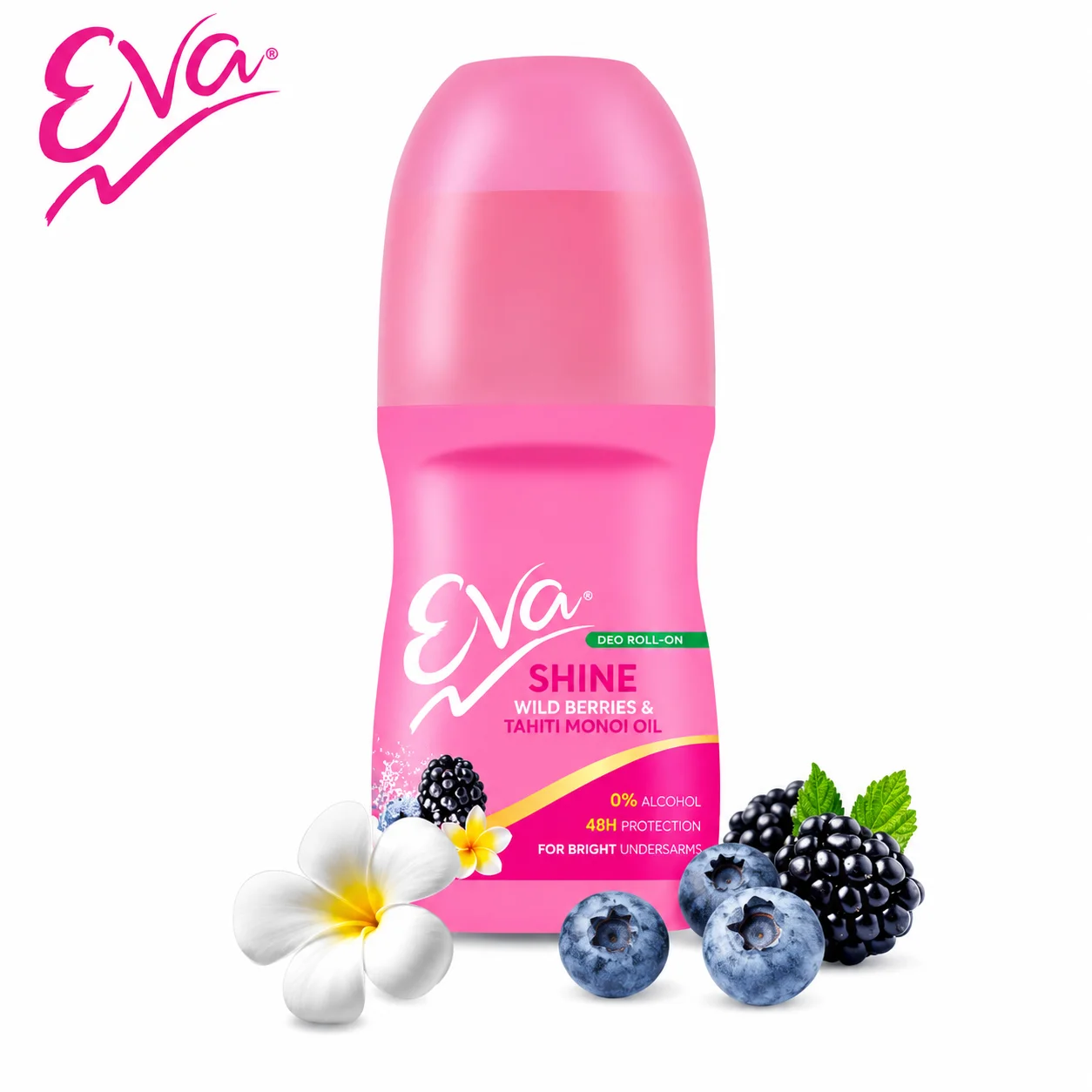 Eva Shine Deo Roll-On 50Ml | 0% Alcohol Long Lasting Freshness Deodorant for Women | Wild Berries & Tahiti Monoi Oil